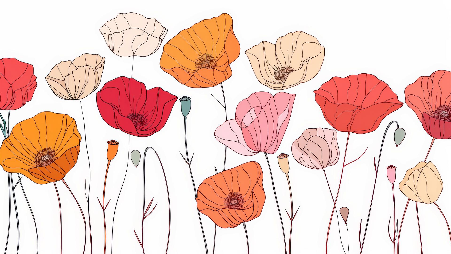 Minimalist poppy flowers in red, orange, pink, white background