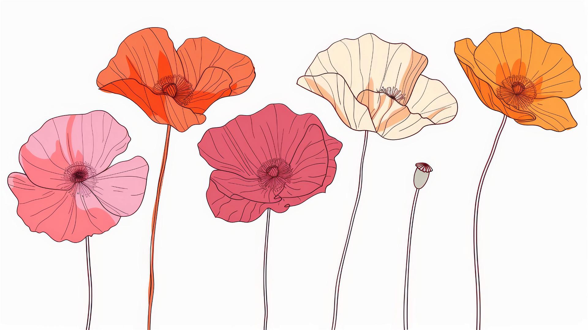 Minimalist poppy flowers in red, orange, pink, white background