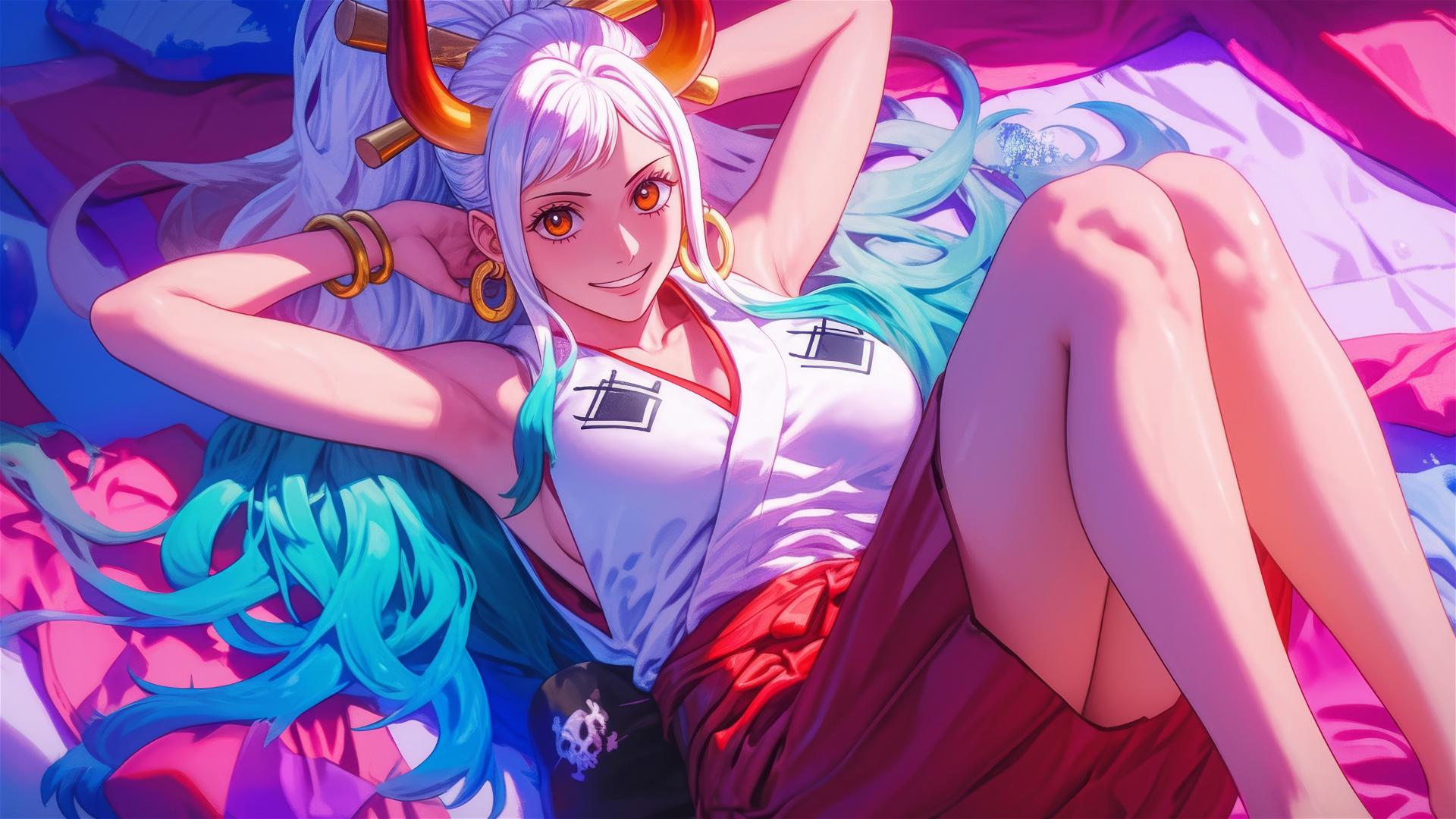 Yamato from One Piece on bed under neon pink light, hyper-realistic anime style.