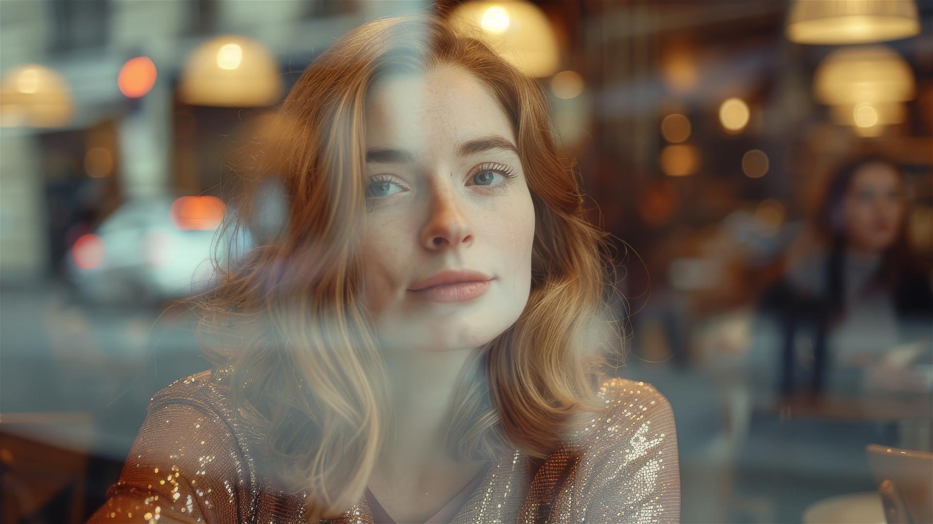 Candid photo of French girl in sequin dress in cafe, reflecting passerby.