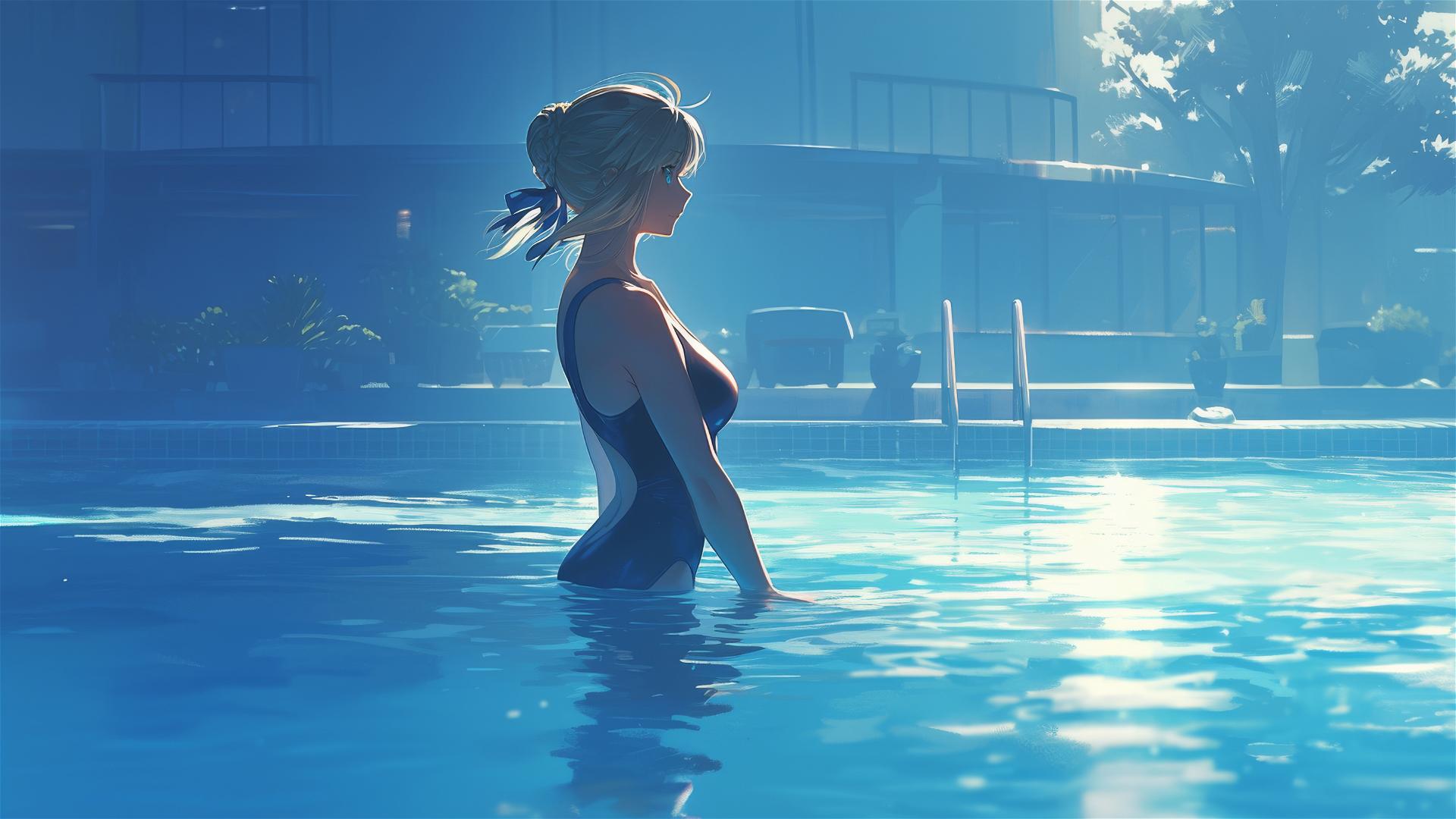 Saber from Fate/Zero standing in pool under moonlight