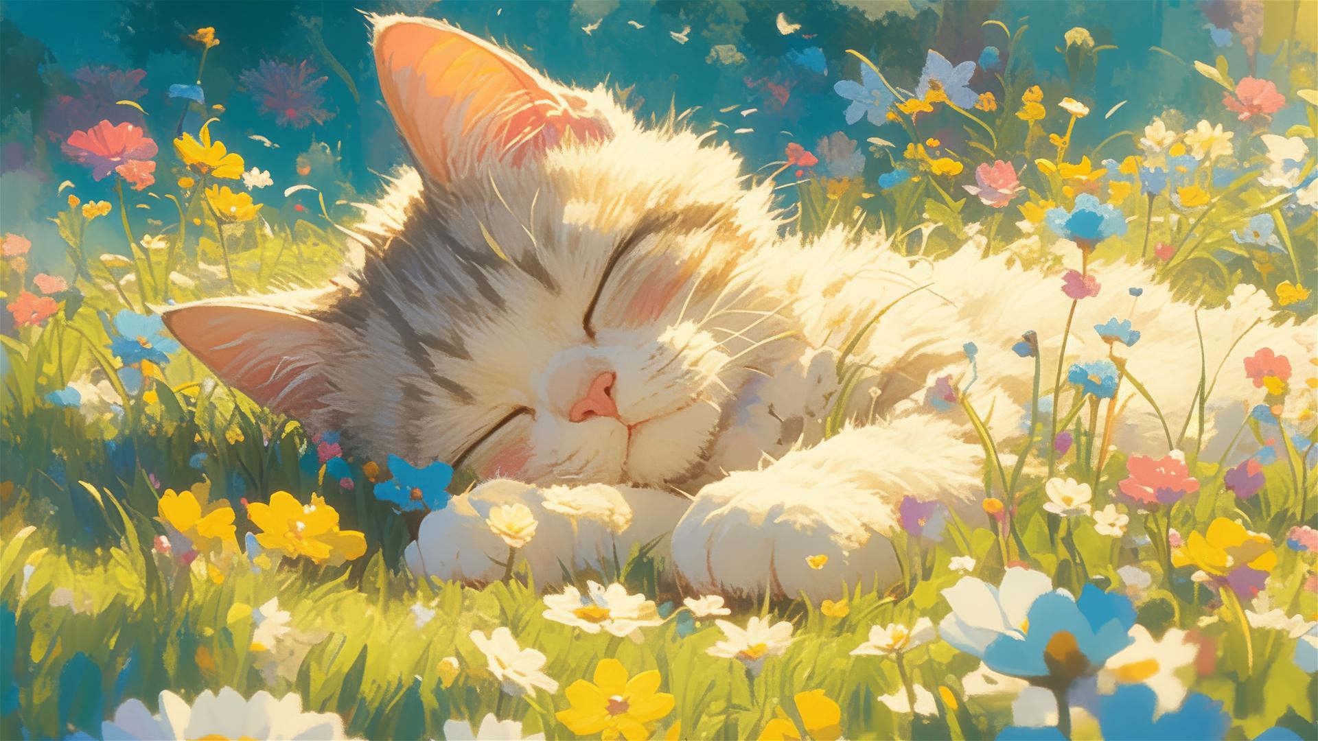 Colorful panoramic view of a sleeping British Shorthair amidst flowers