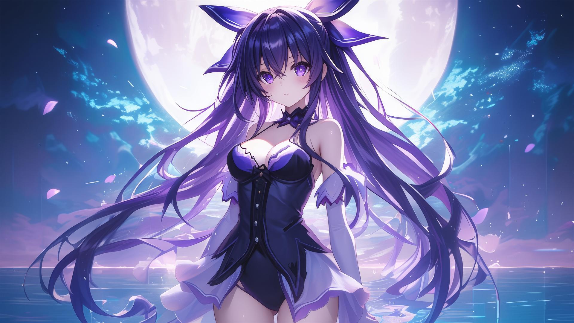 Tohka Yatogami stands in a pool under moonlight, dark purple hair and eyes