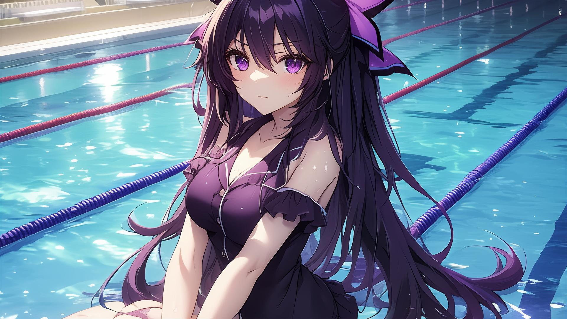 Tohka Yatogami in pool under moonlight with purple hair and eyes