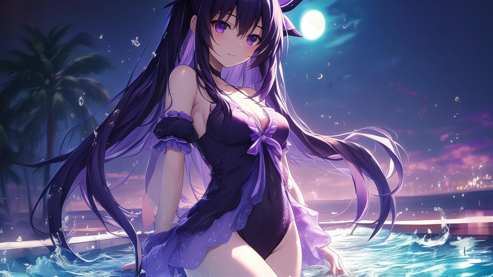 Tohka Yatogami from Date A Live standing in a pool under moonlight with dark purple hair and eyes