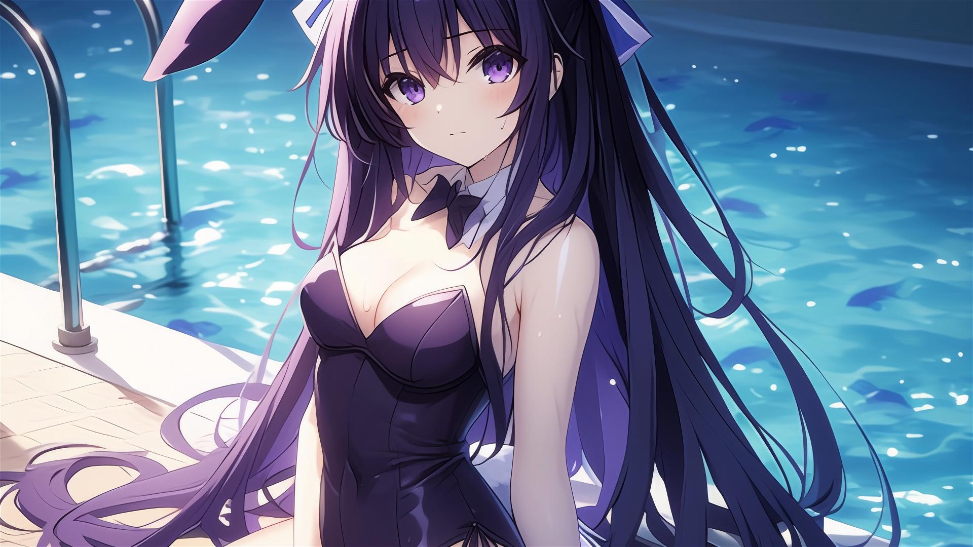 Tohka Yatogami in pool under moonlight, bunny outfit, dark purple hair and eyes