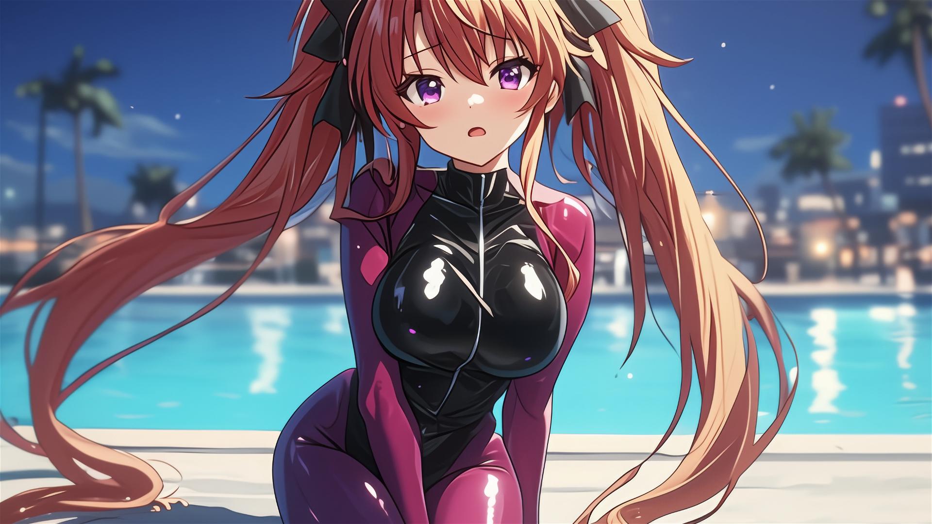 Irina Shidou from High School DxD resting by pool under moonlight, violet eyes, twintails