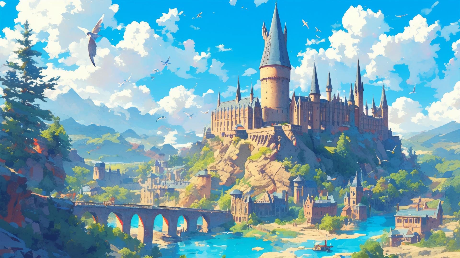 Ghibli-styled aerial view of Hogwarts from Harry Potter