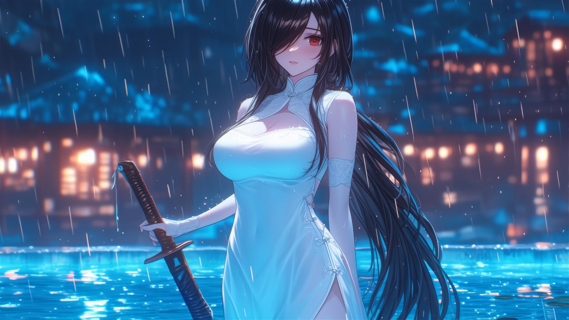 Kurumi Tokisaki from Date A Live in a rainy pool with moonlight on her figure, white dress, one red eye.