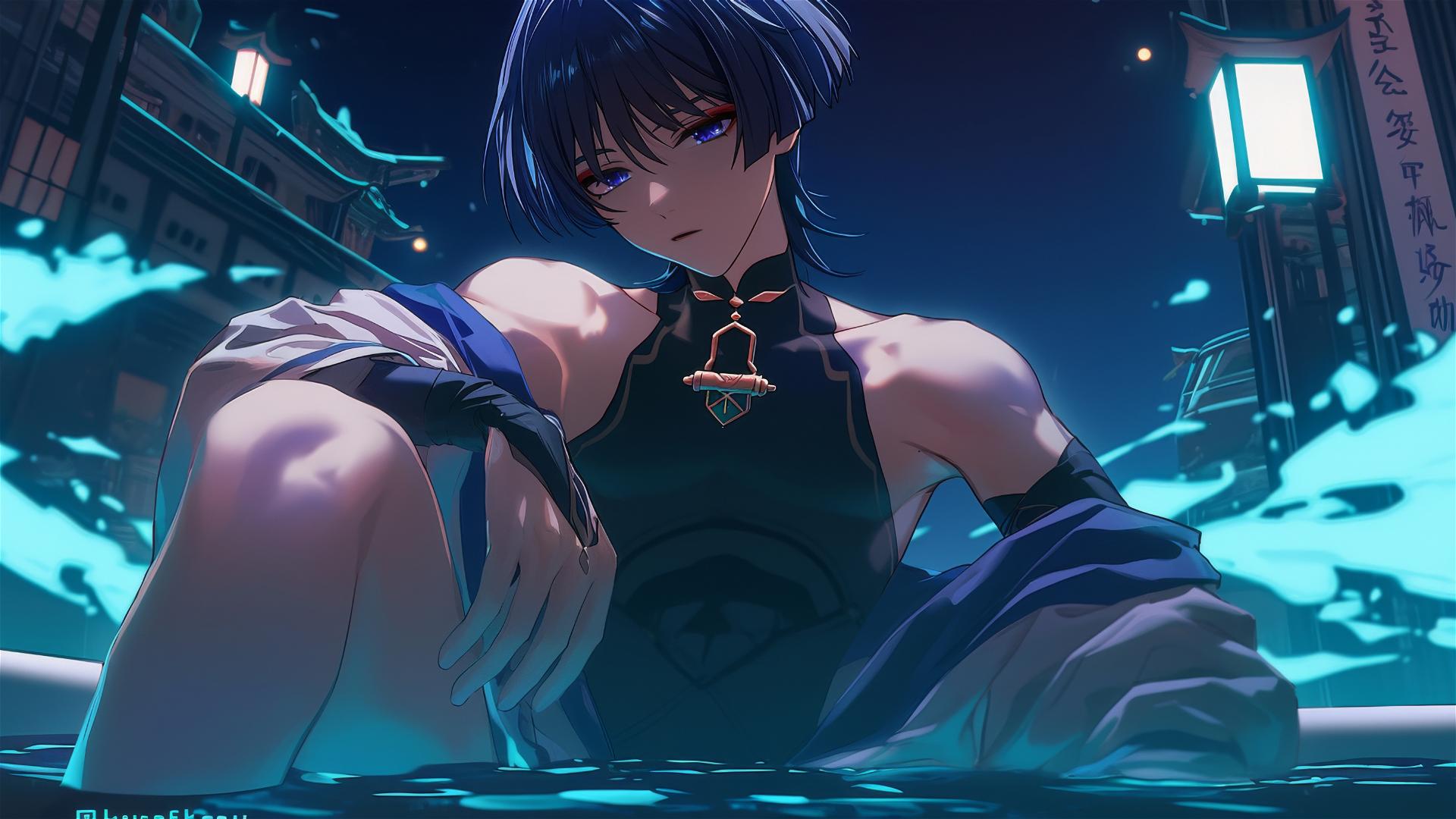 Scaramouche from Genshin Impact resting in a tub under moonlight.