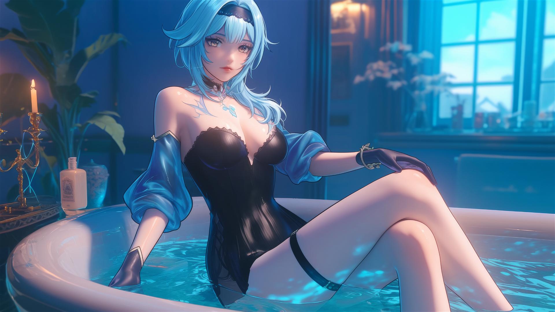Eula Lawrence from Genshin Impact, resting in a tub with moonlight glow and light blue hair.