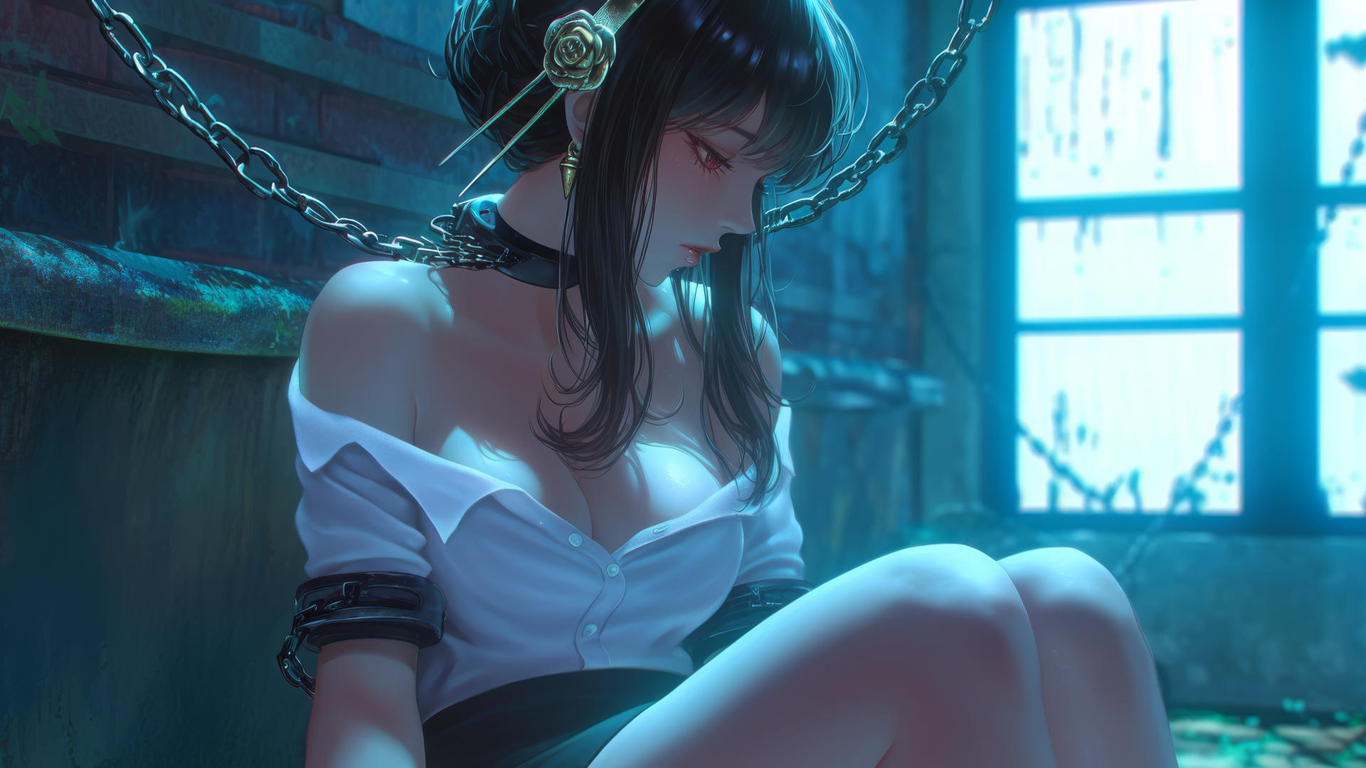 Yor Forger in chains, wearing a white office shirt, neon light glow