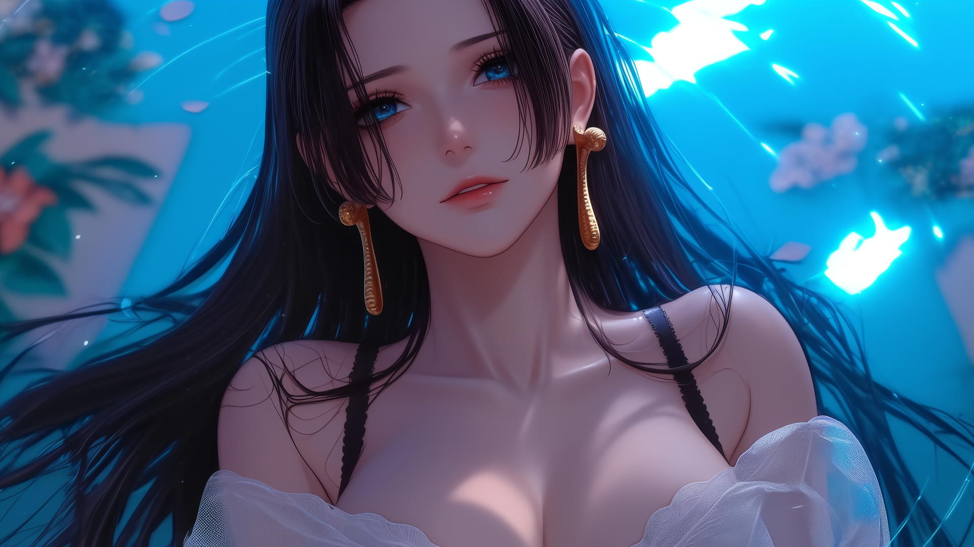 Boa Hancock from One Piece kneeling and looking down, with neon-lit ceiling behind
