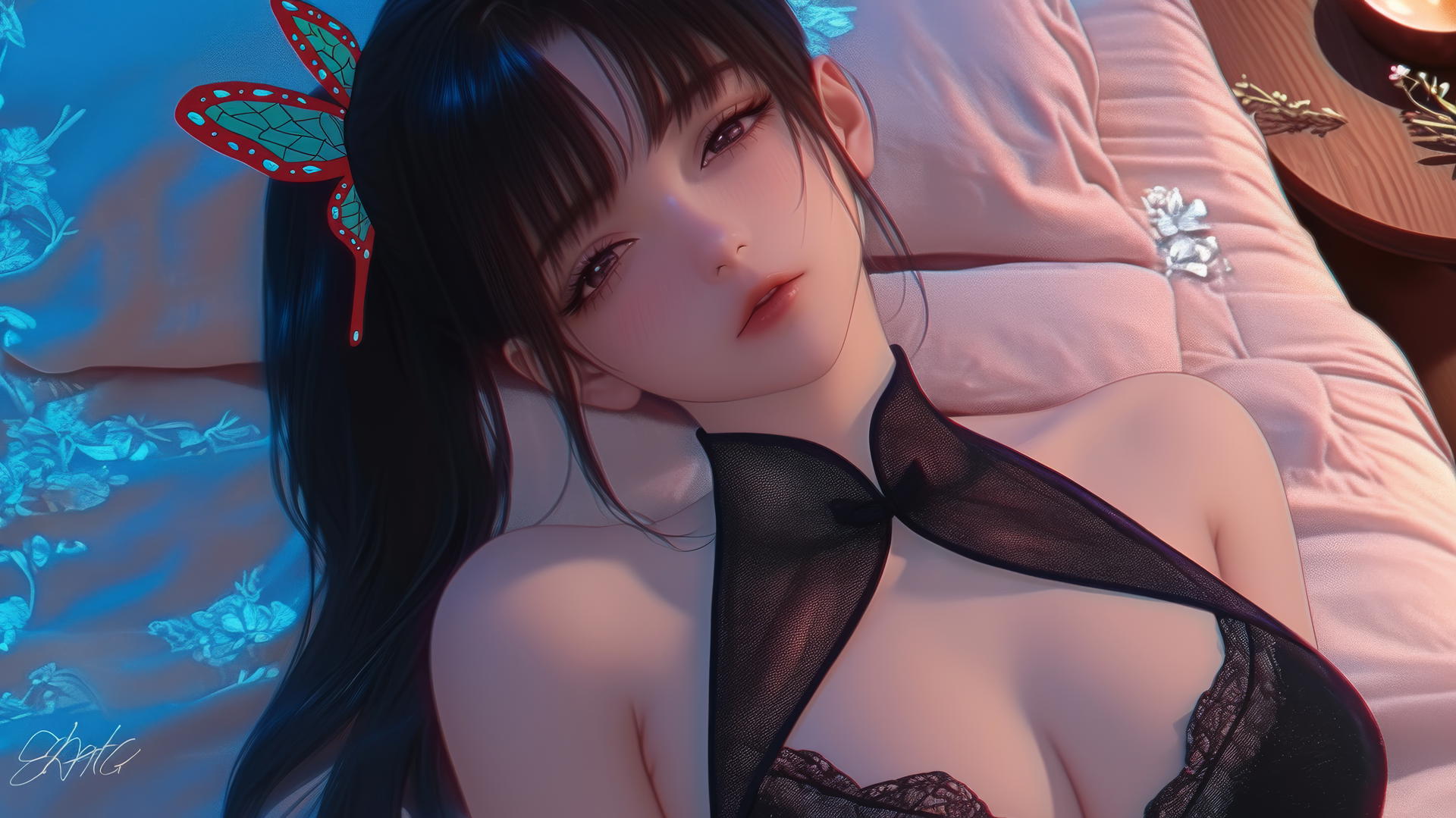 Kanao Tsuyuri resting in modern apartment with warm light