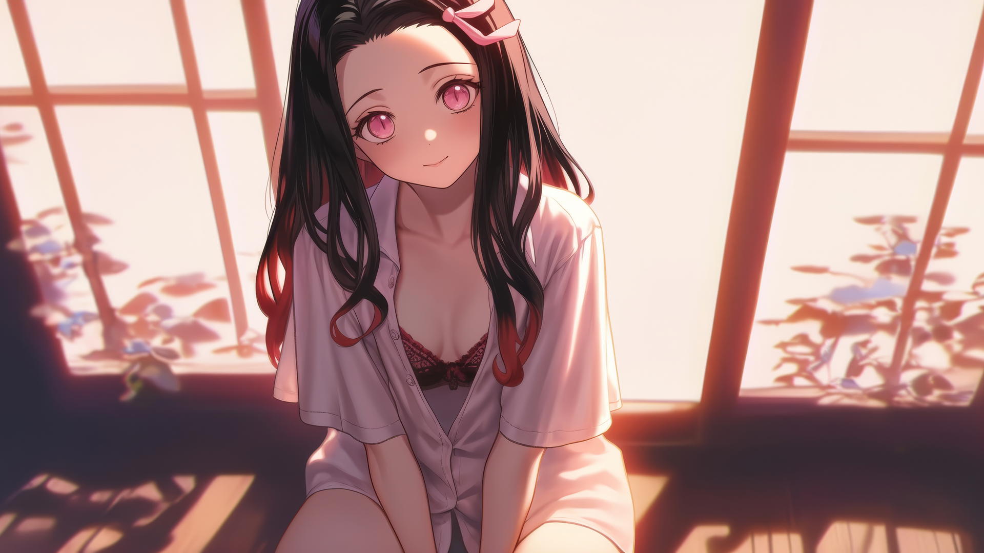 demon slayer wallpaper of Nezuko kneeling in office shirt at modern hotel room