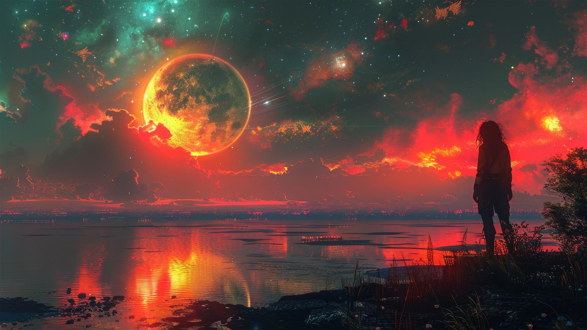Silhouette on a colorful, advanced alien planet with utopian vibes.