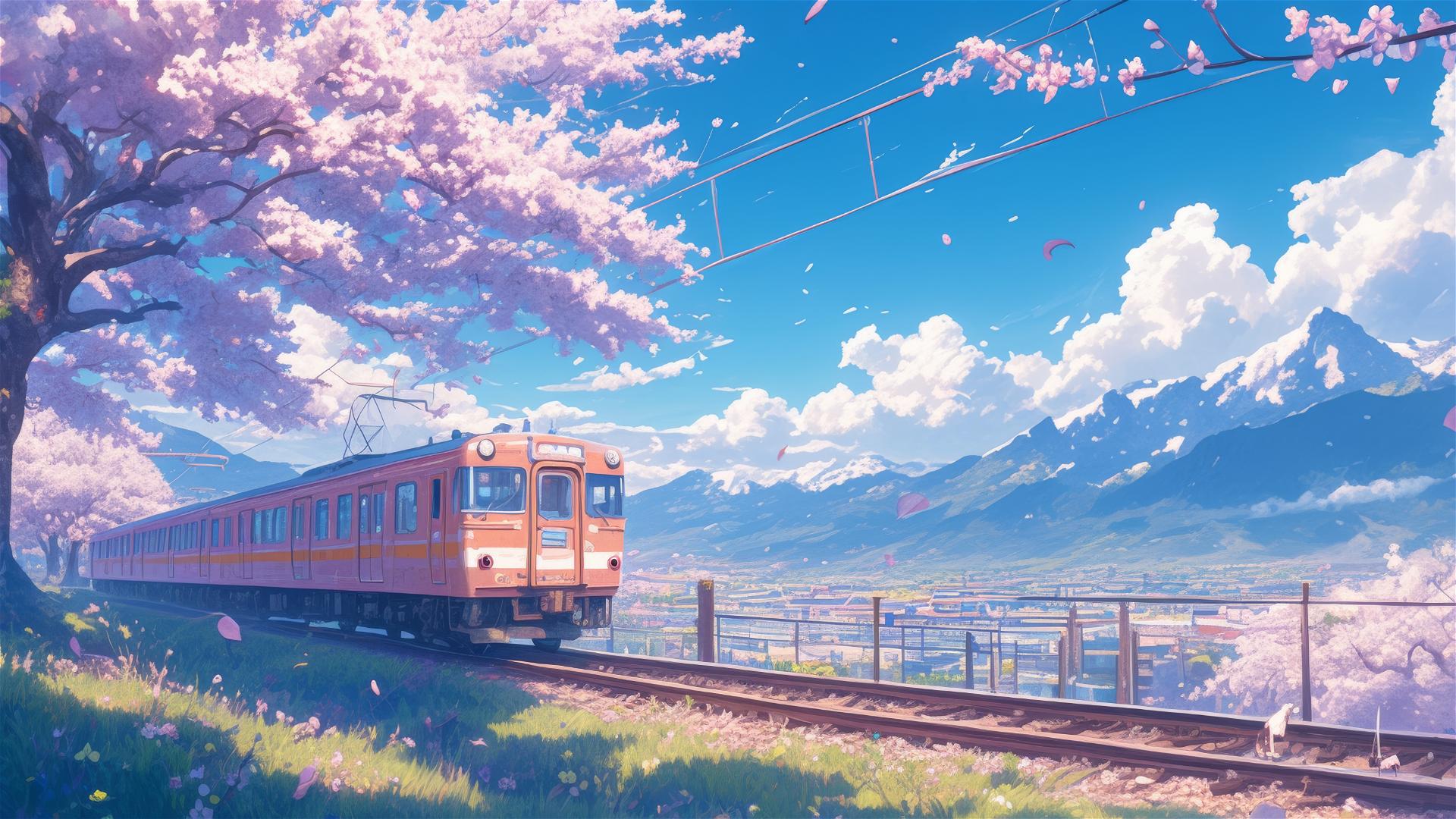Long train in spring with peach blossoms and soft light