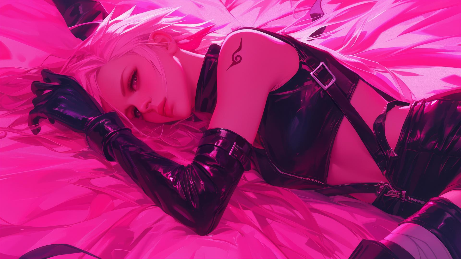 Sakura Haruno in black and pink leather, lying in bed with neon glow and swirling air.