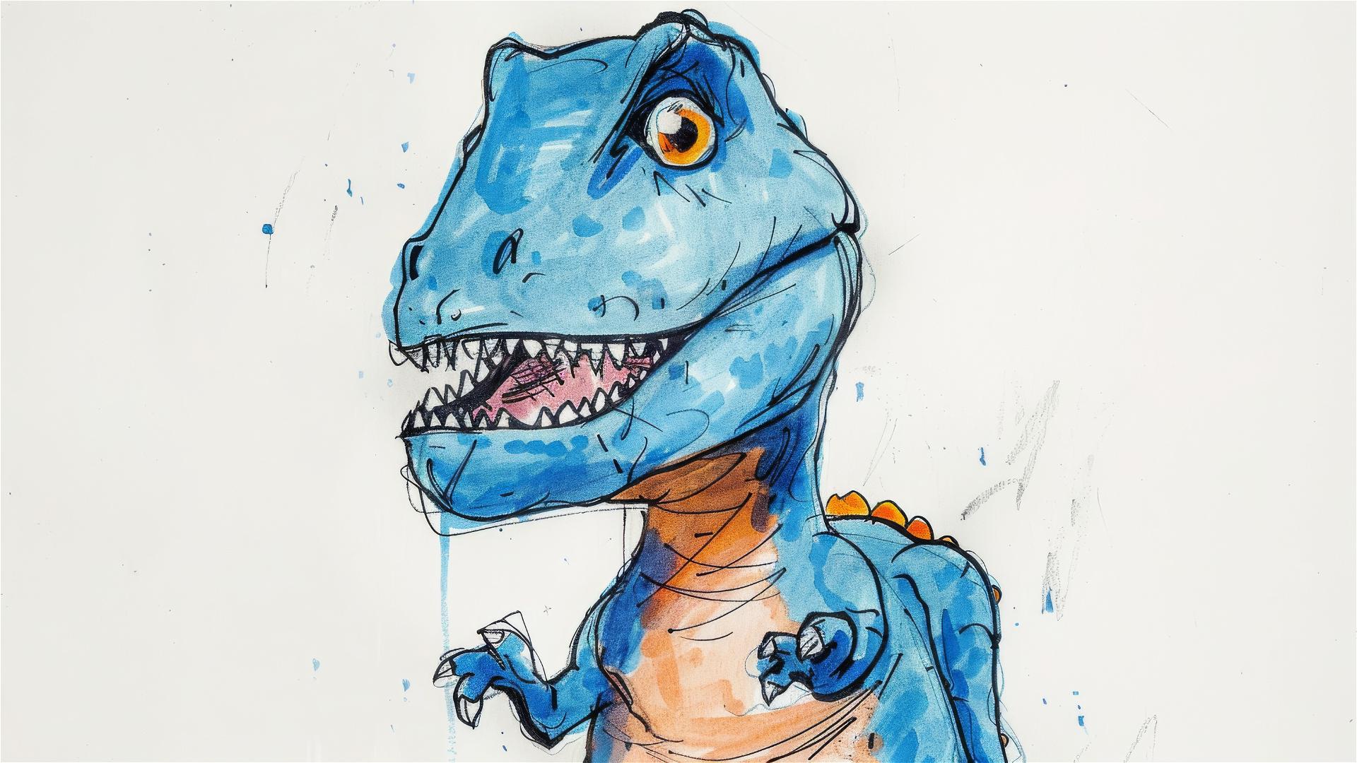 Child's crayon drawing of a simple blue T-Rex.