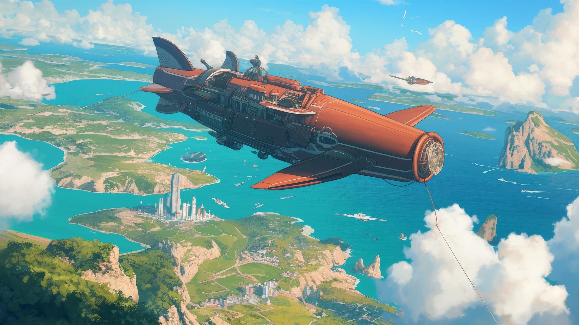 Ghibli-style airship flying over landscapes and oceans.