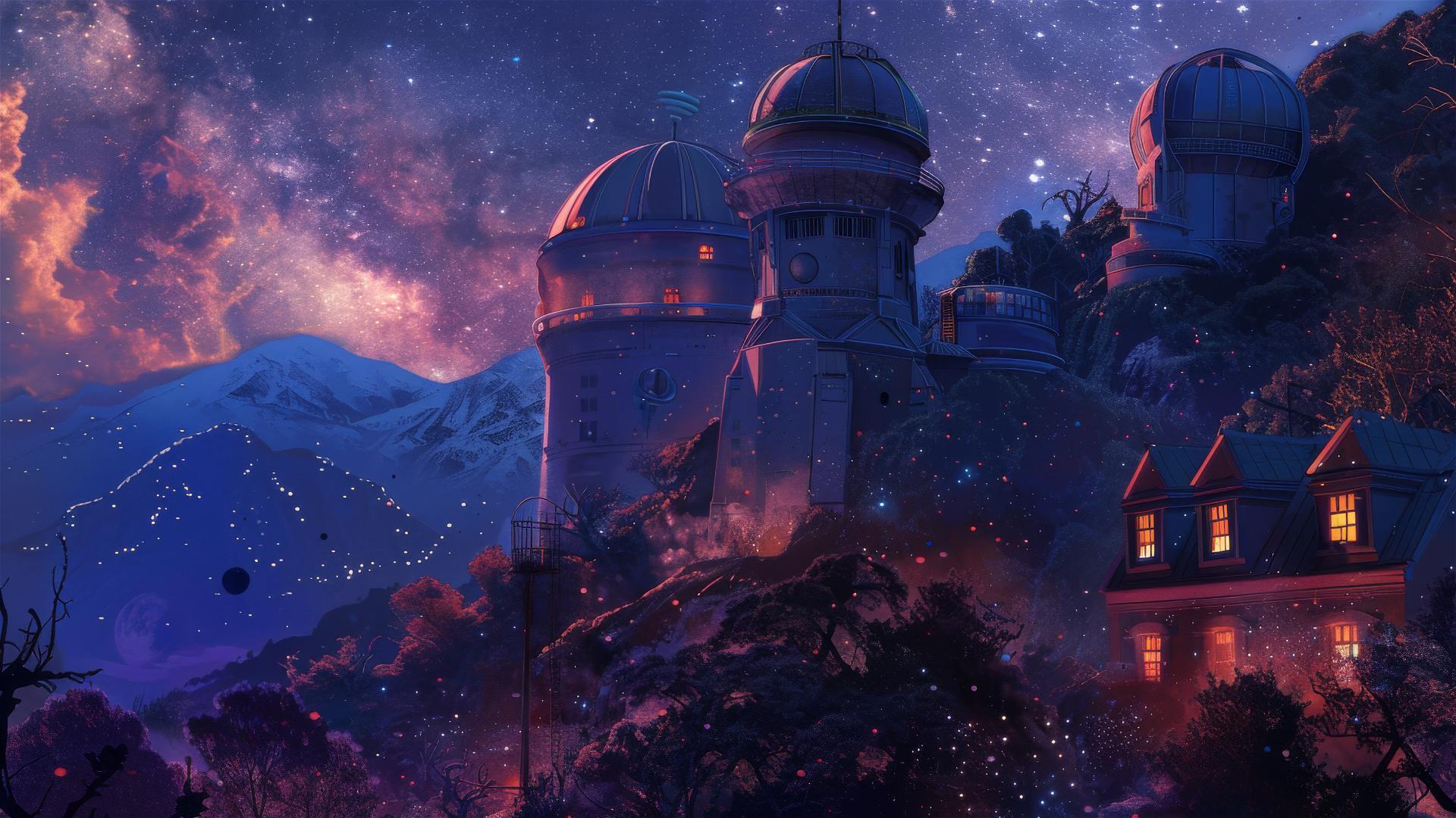 Ghibli-inspired observatory with telescopes viewing stars and dimensions.