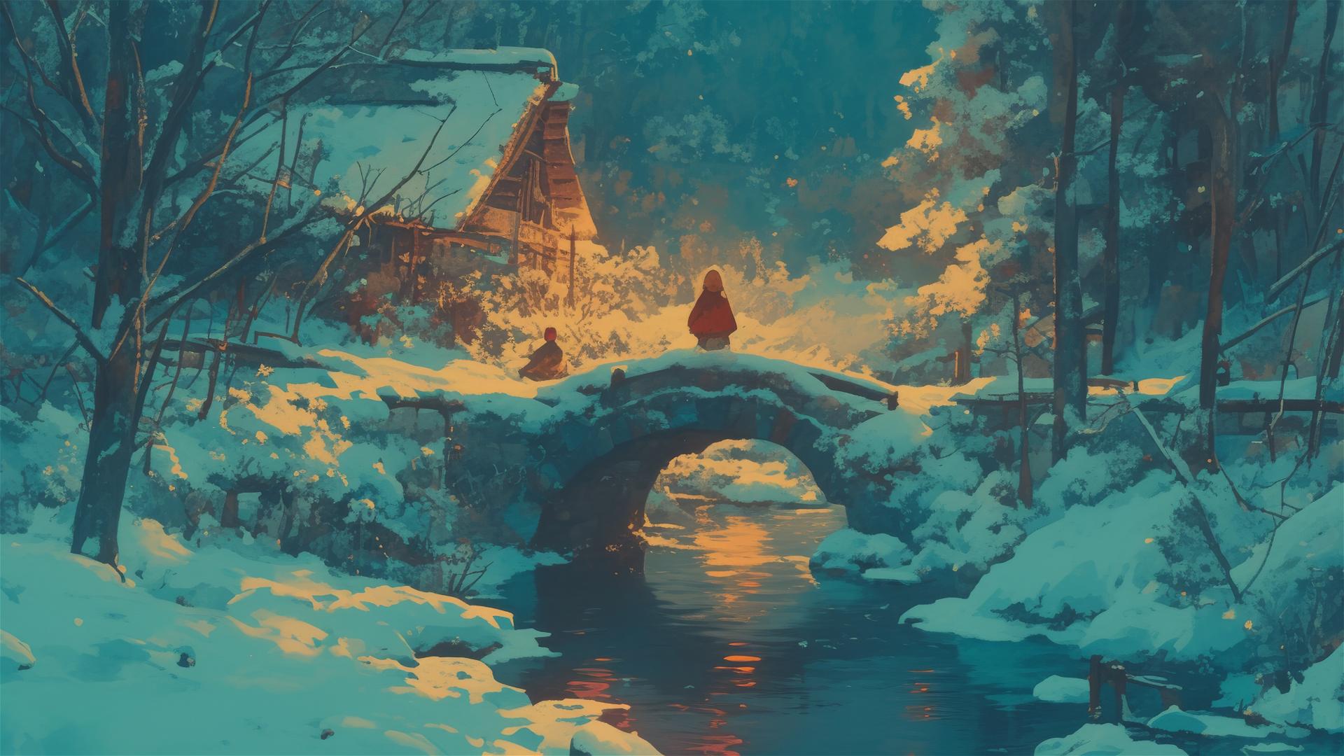 Anime winter scene with hidden dangers in Ghibli style.
