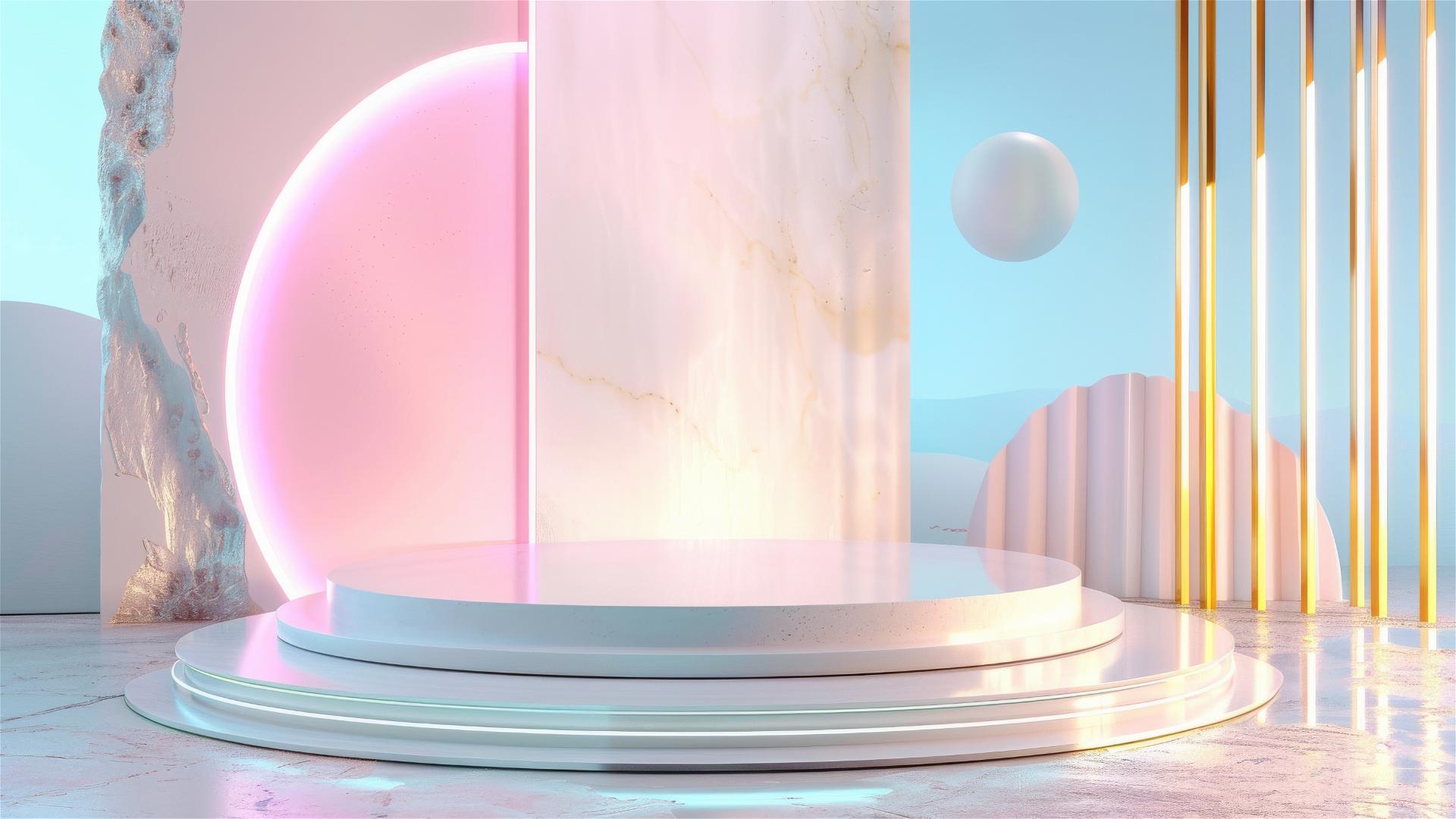 Minimalist stage with neon pink, white background, and art deco ceramics in blue and gold.