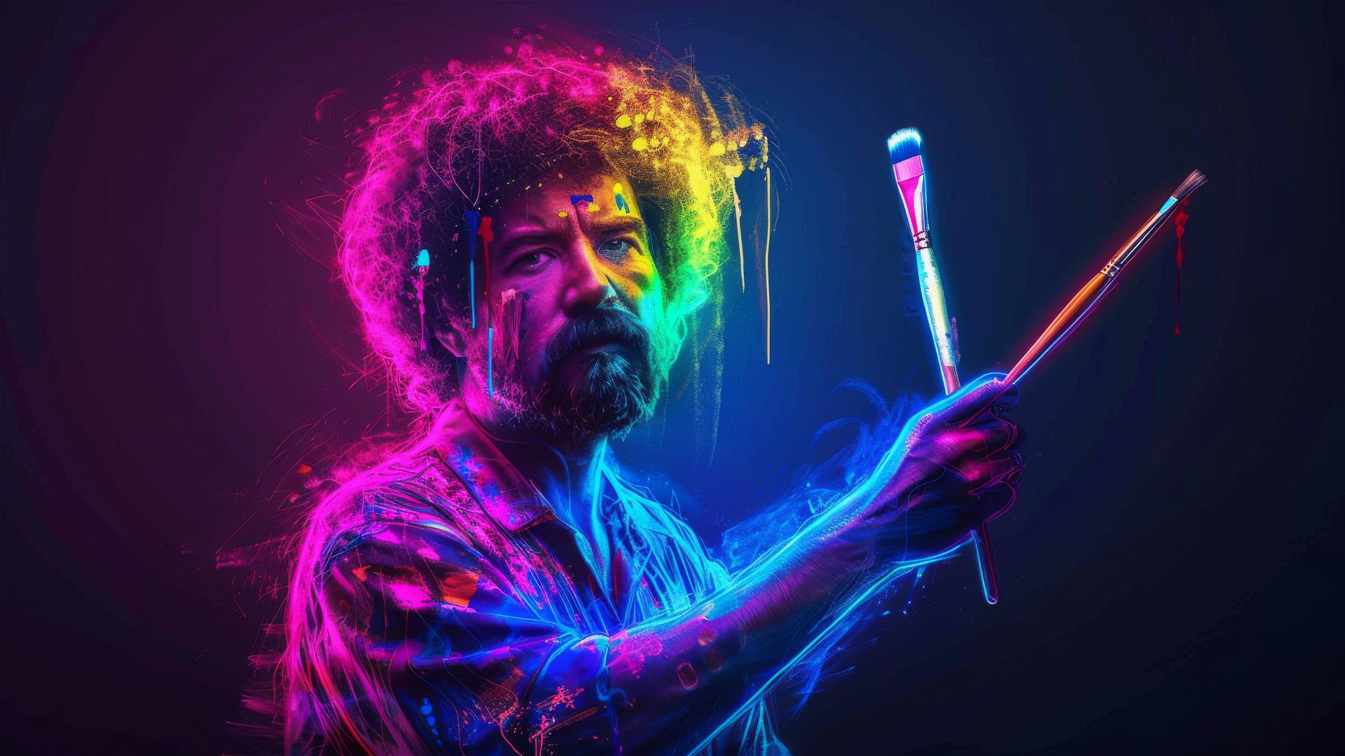 Bob Ross in neon lights with a paint brush.