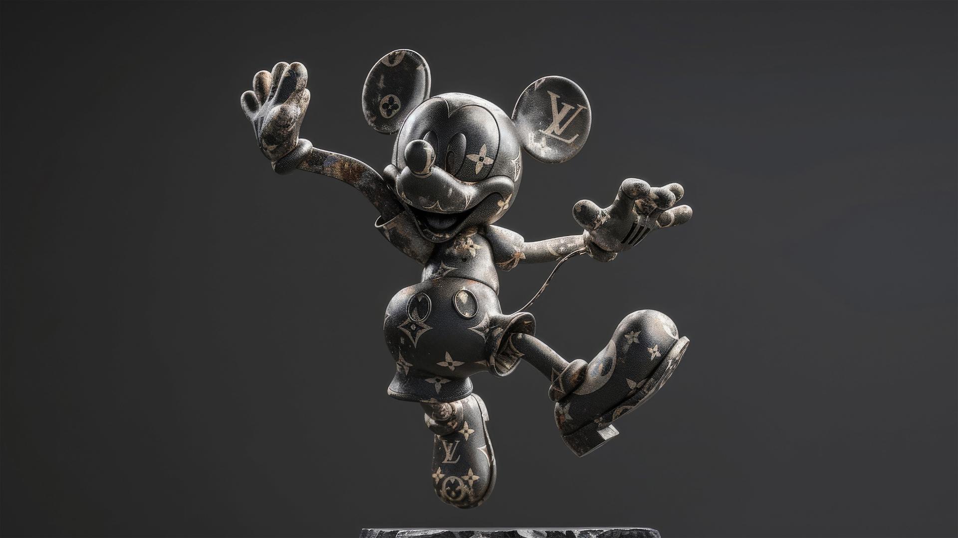 Photorealistic stone Mickey Mouse with Louis Vuitton pattern and KAWS eyes, jumping in dark studio.