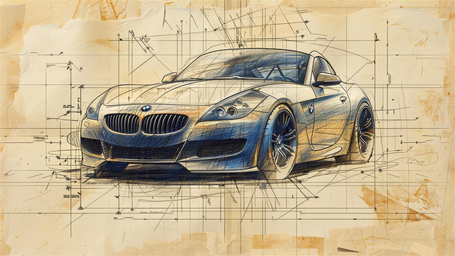 BMW Z4 blueprint and front 3/4 view sketches in black and white.