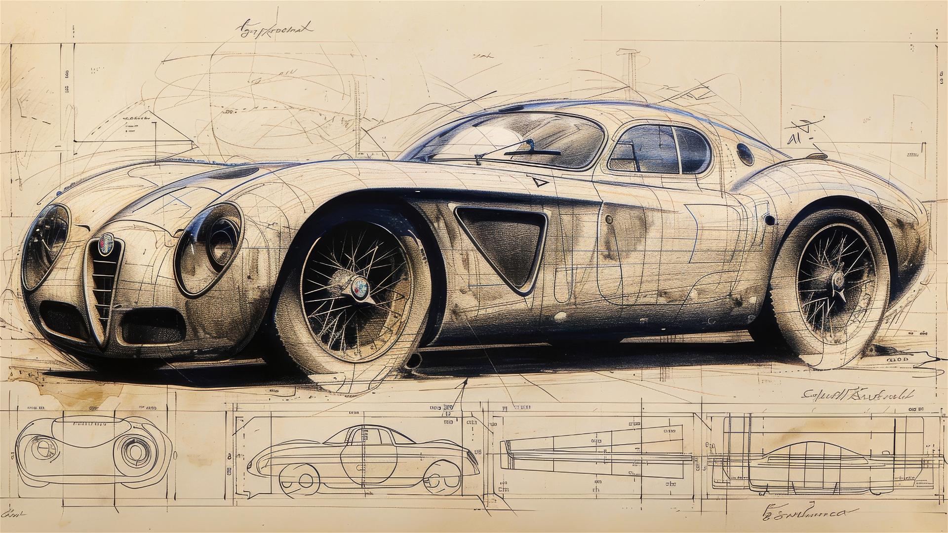 Black and white blueprint and sketch of Alfa Romeo 8C Competizione.