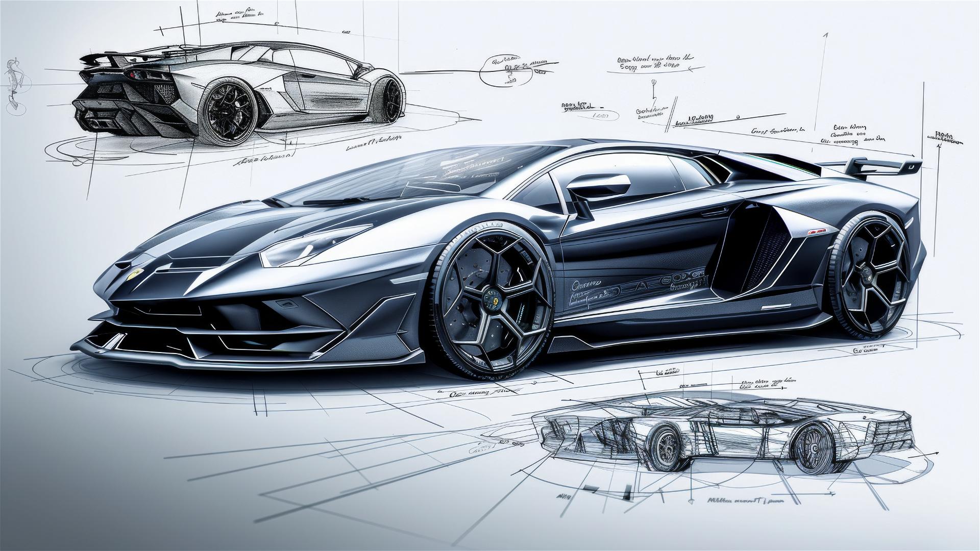 Black and white Lamborghini Aventador blueprint and sketch.