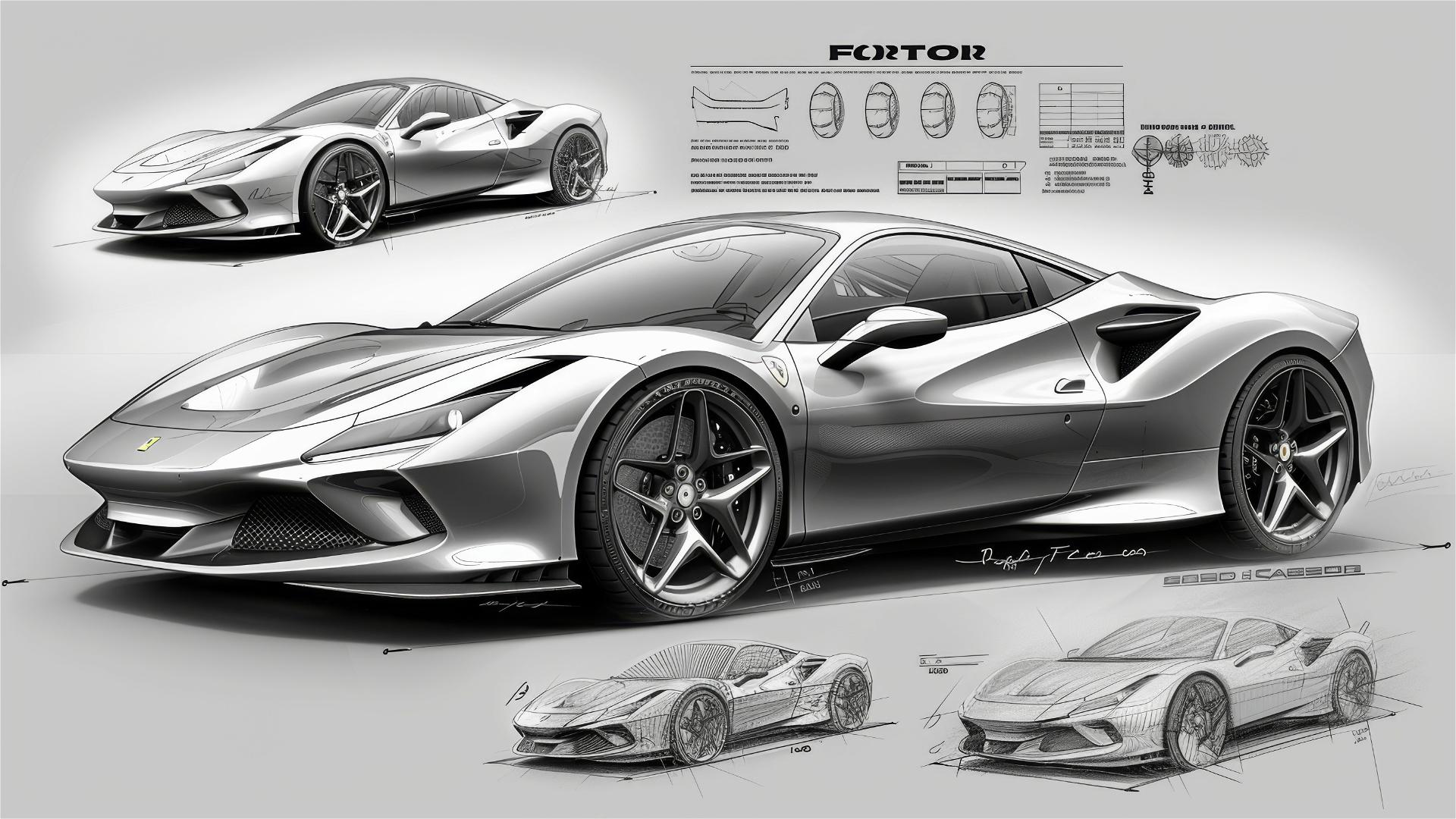 Black and white blueprint and sketch of Ferrari F8 Tributo