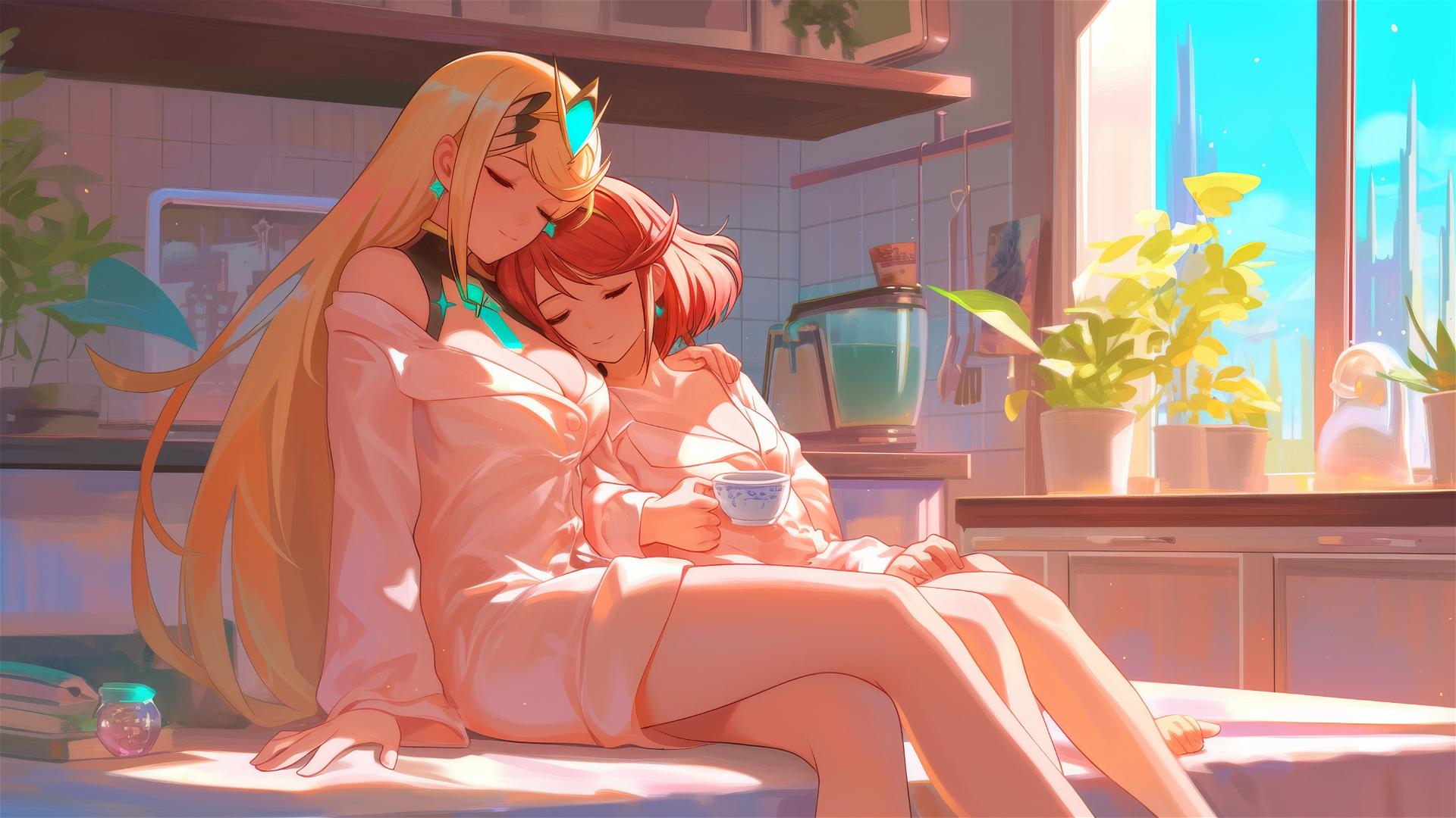 Pyra and Mythra in white pajamas, coffee at sunrise.