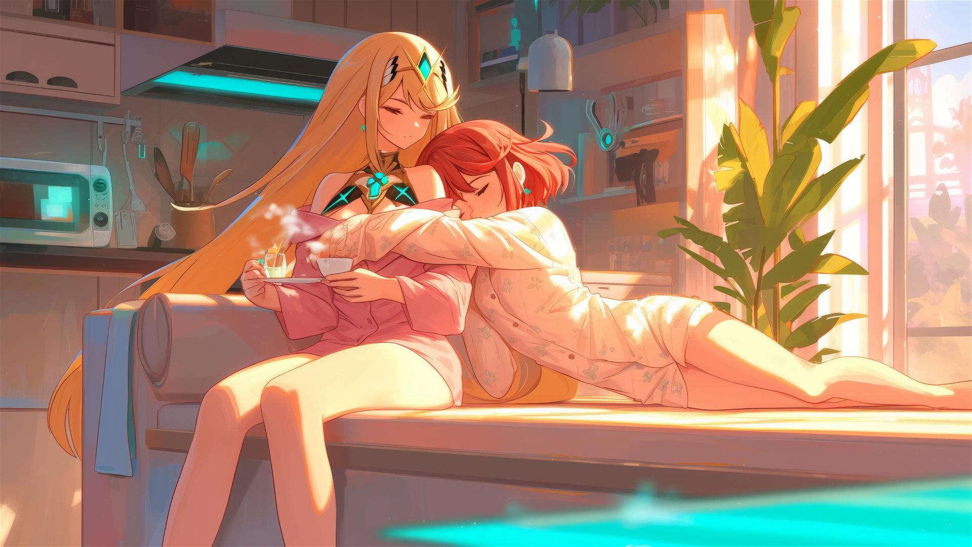 Pyra and Mythra in silk pajamas enjoying coffee at sunrise.