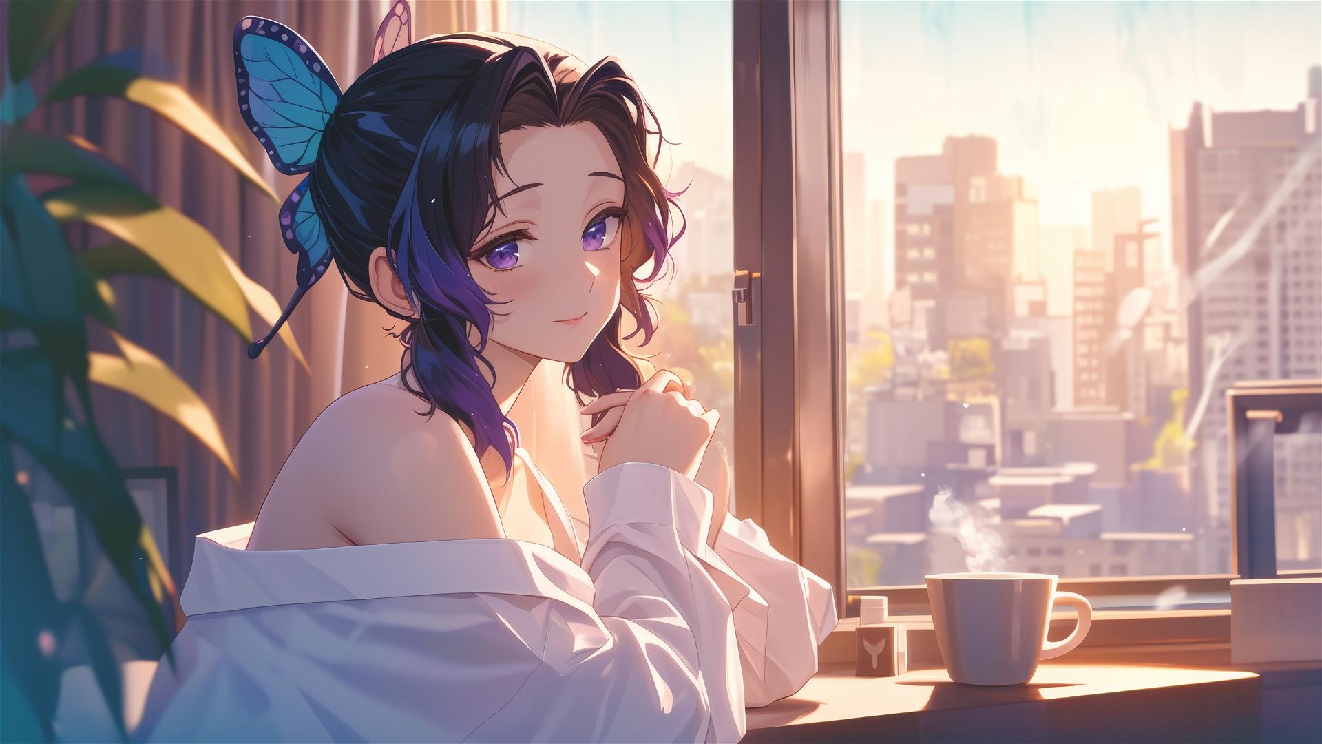 Shinobu Kocho from Demon Slayer sipping coffee at sunrise in a modern kitchen.