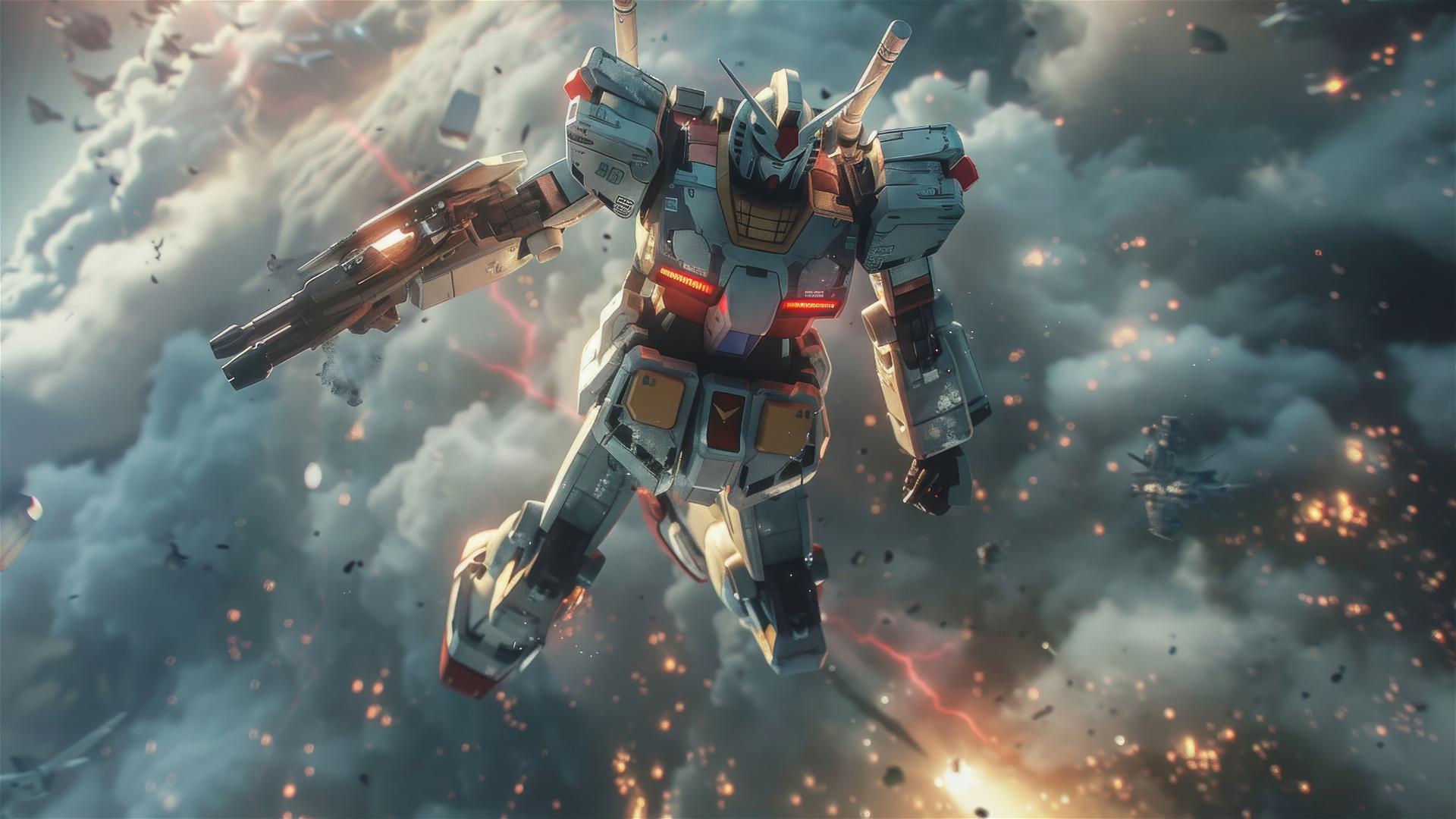 Mobile suit Gundam soaring cinematically in Roger Deakins' style