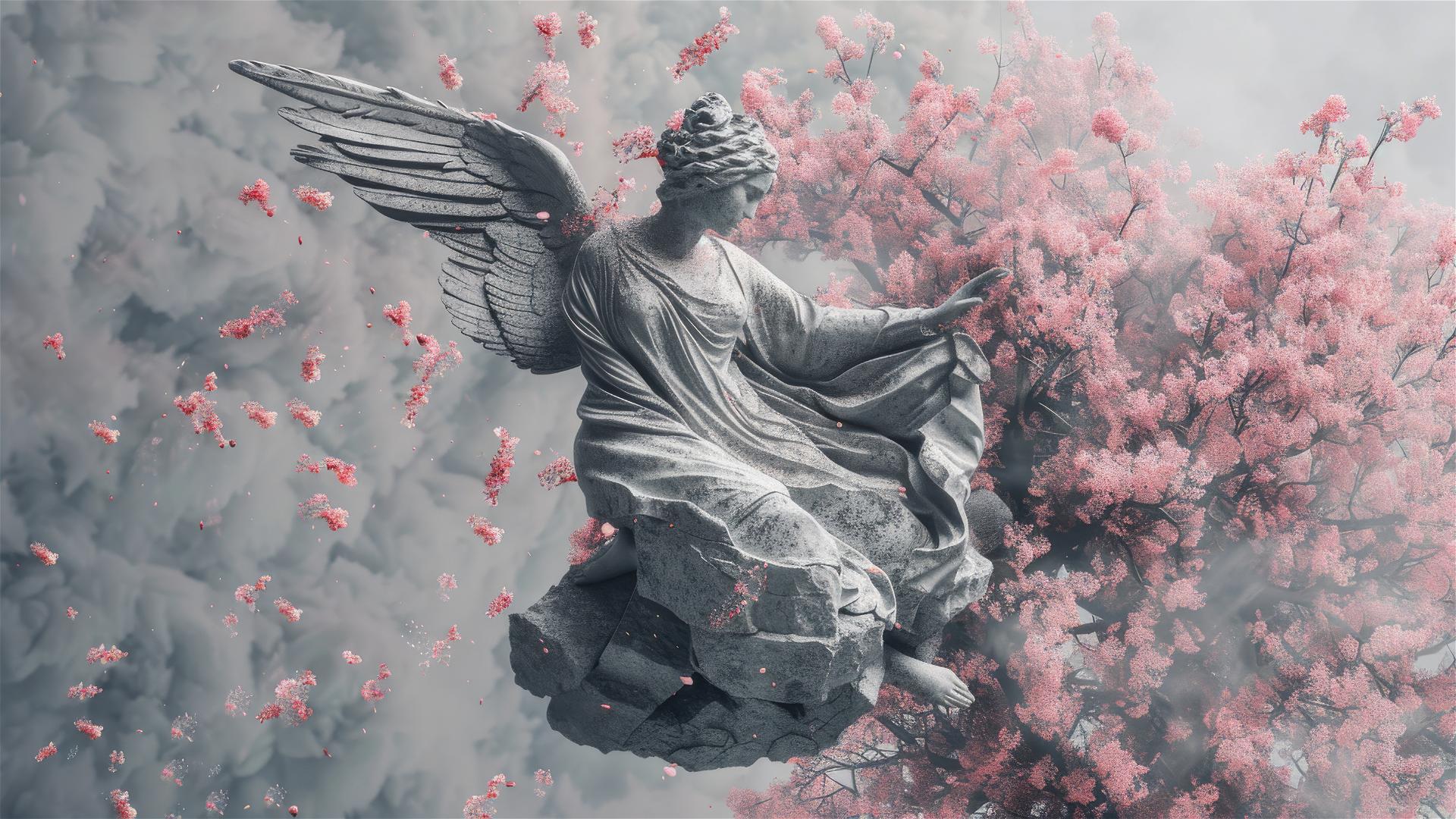 Angel statue amidst cherry blossoms and floating trees against a grey backdrop