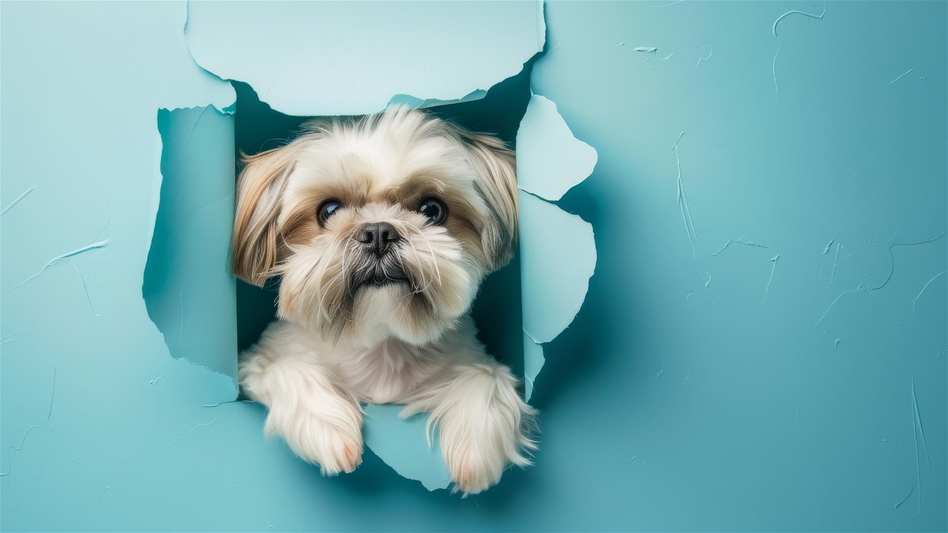 Shih Tzu peeking through a hole in a sky blue paper wall