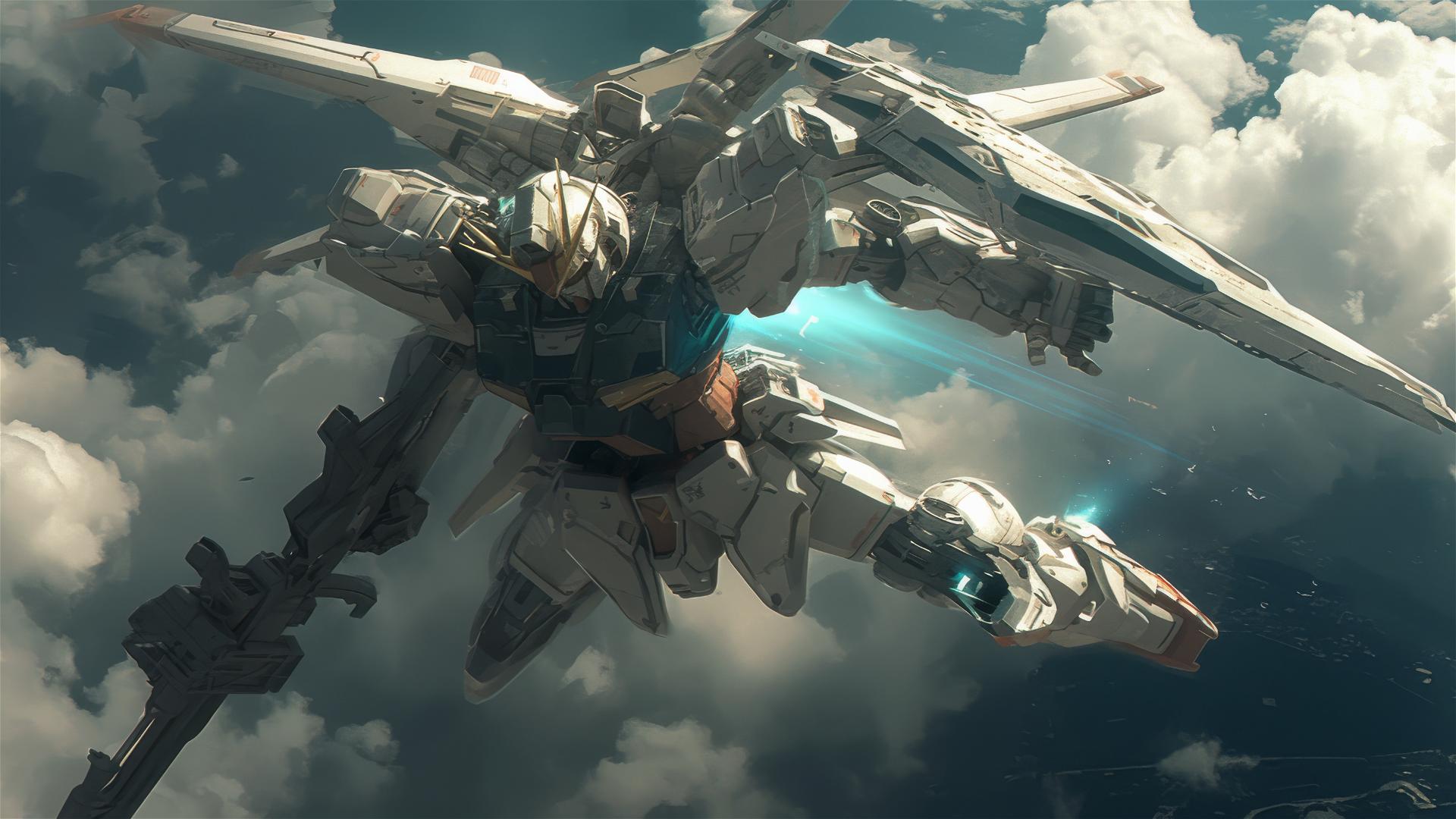 Gundam suit flying in Roger Deakins style