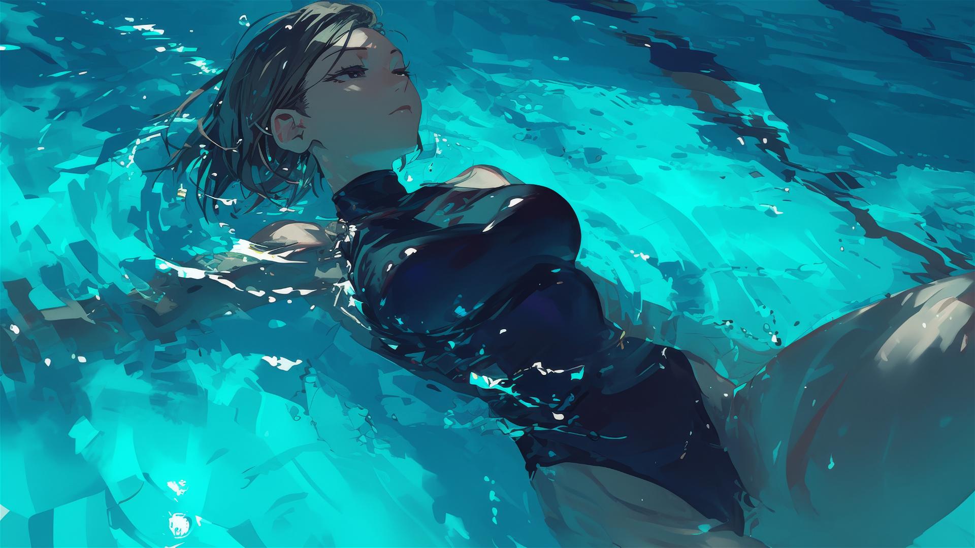 Nobara Kugisaki swimming under moonlight in a pool