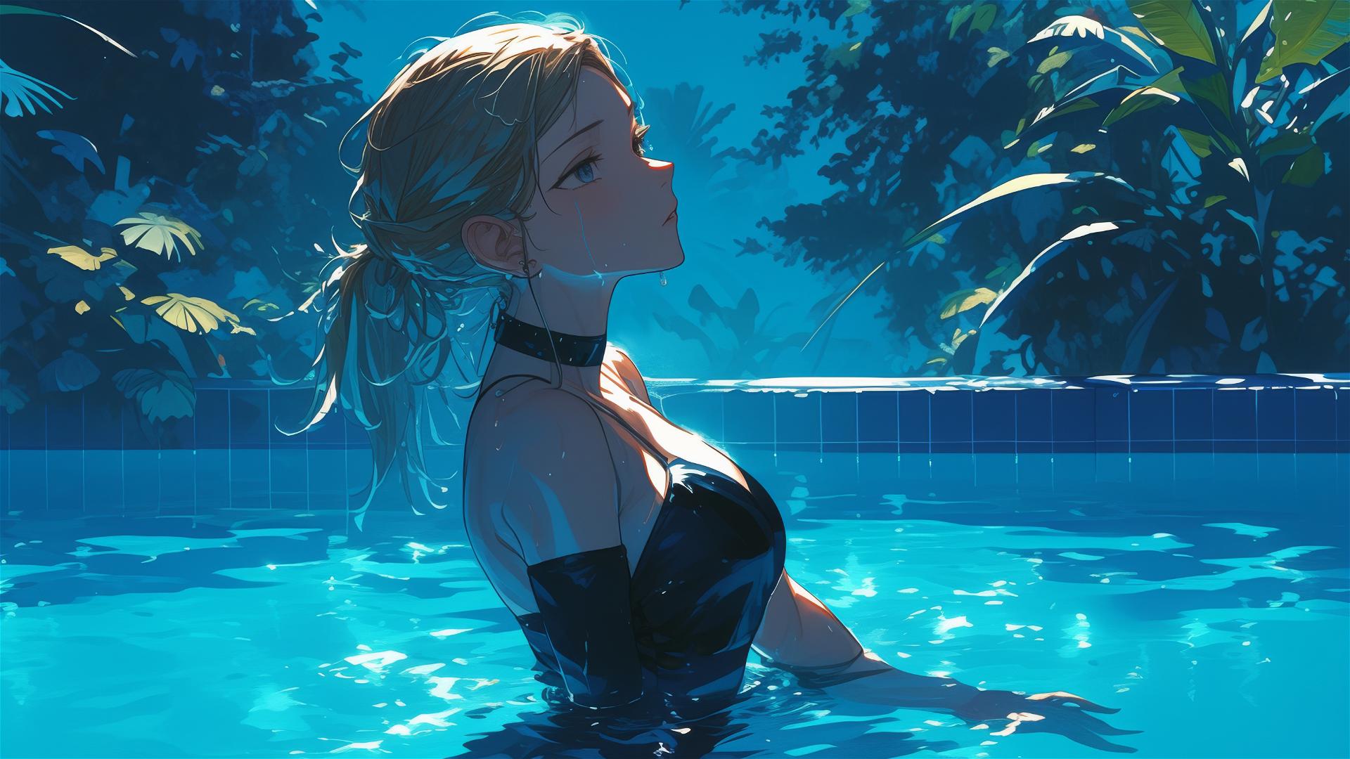 Nobara Kugisaki in pool under moonlight from Jujutsu Kaisen