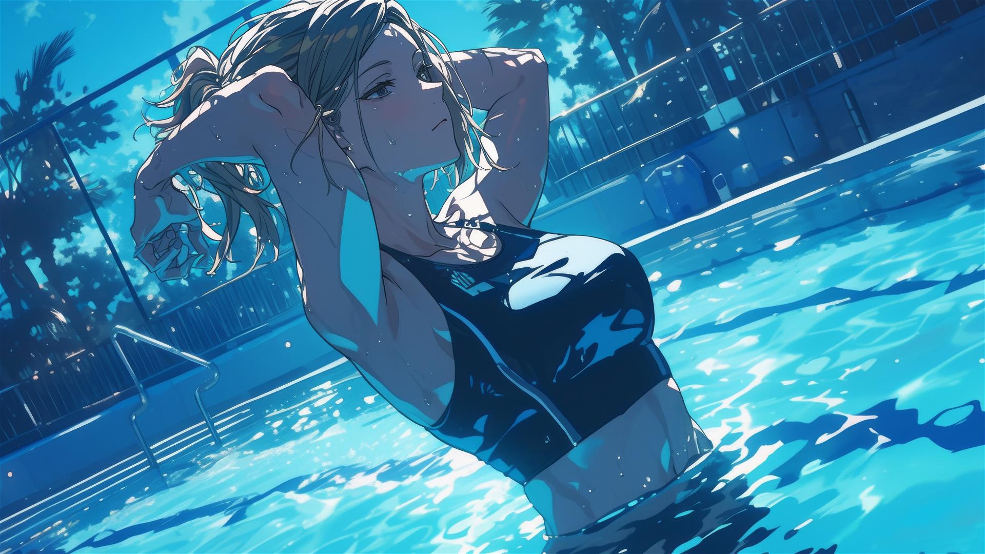 Nobara Kugisaki from Jujutsu Kaisen standing in pool under moonlight