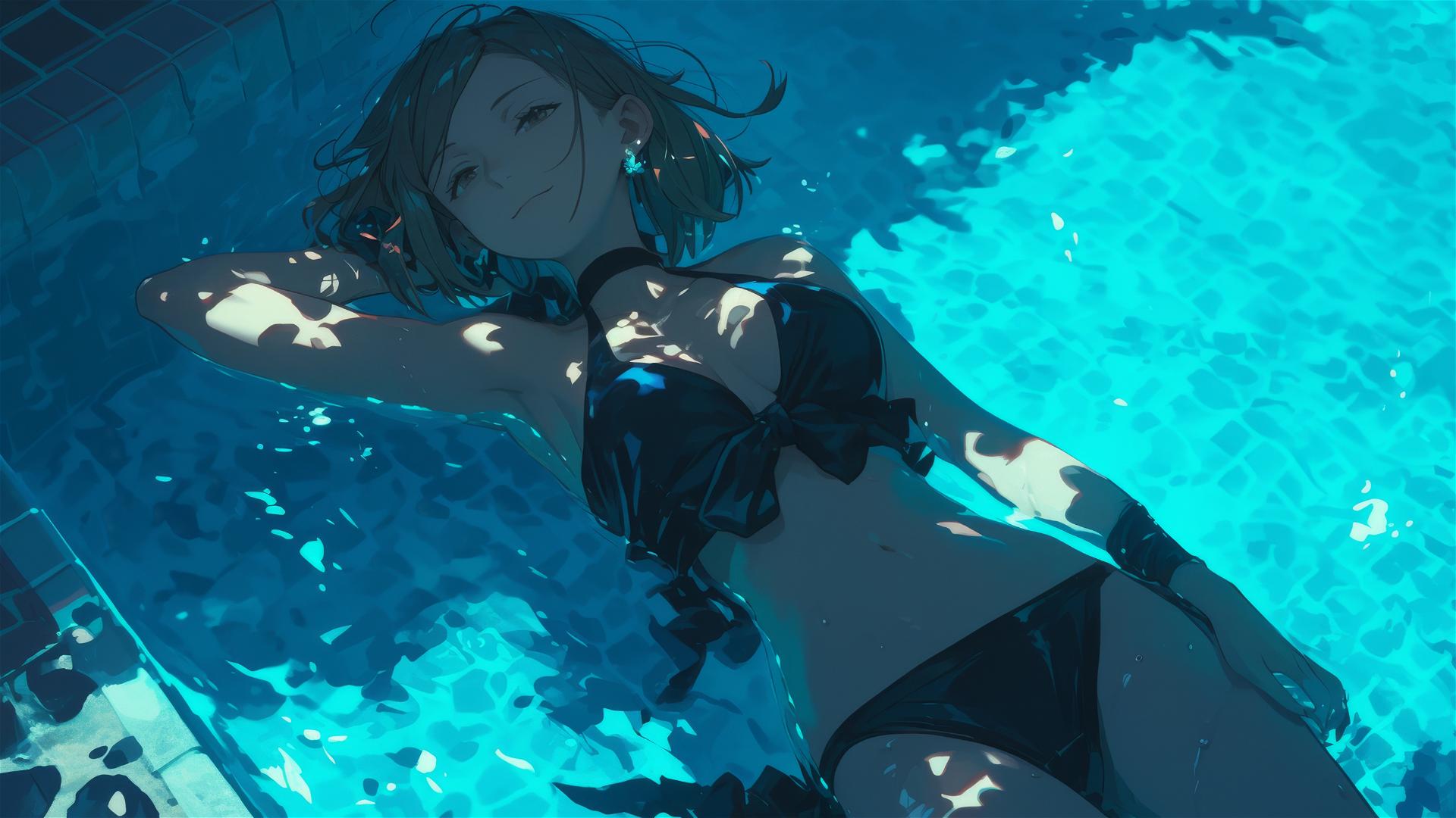 Nobara Kugisaki from Jujutsu Kaisen resting by pool under moonlight