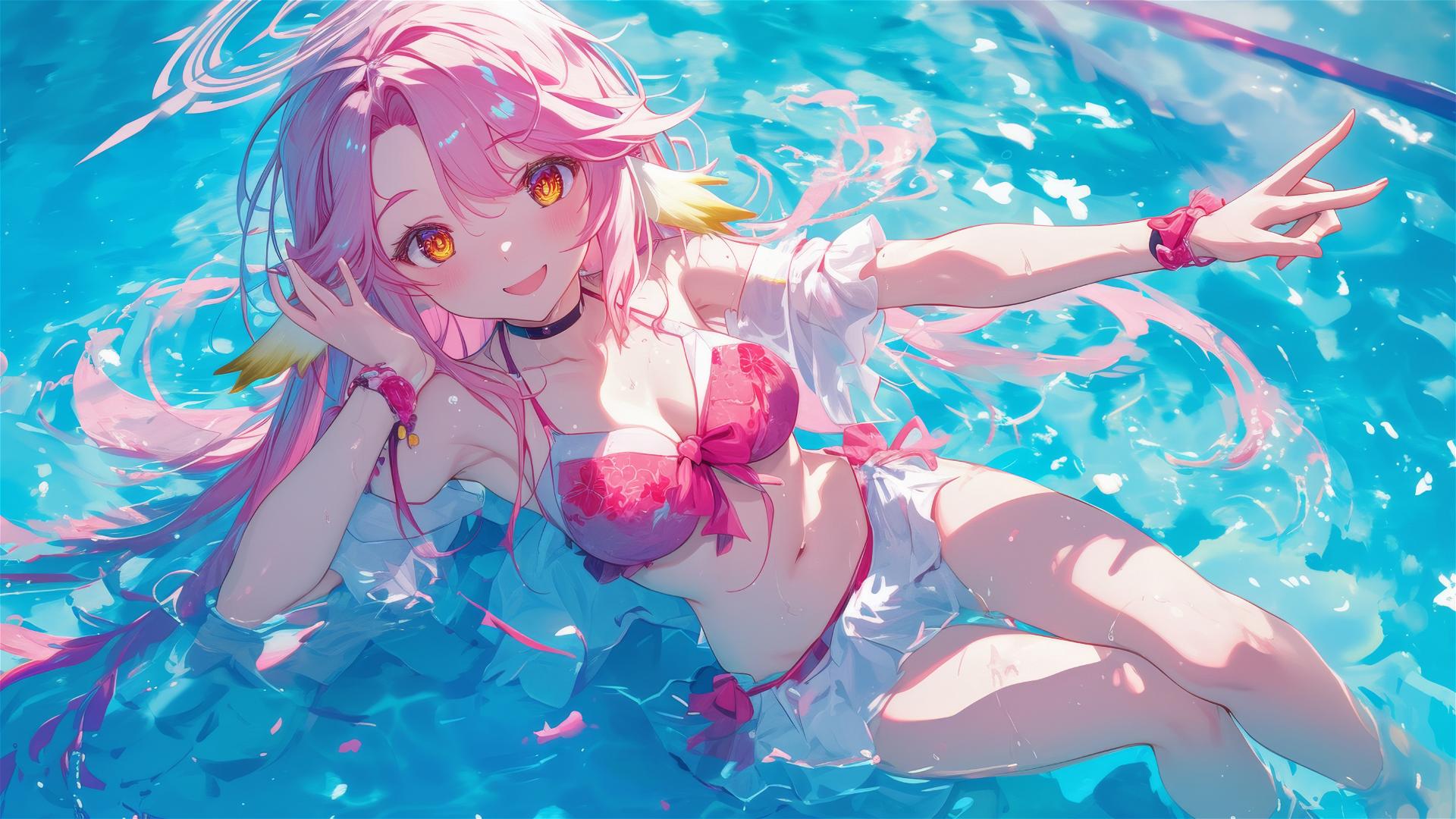 Jibril from No Game No Life swimming in moonlit pool