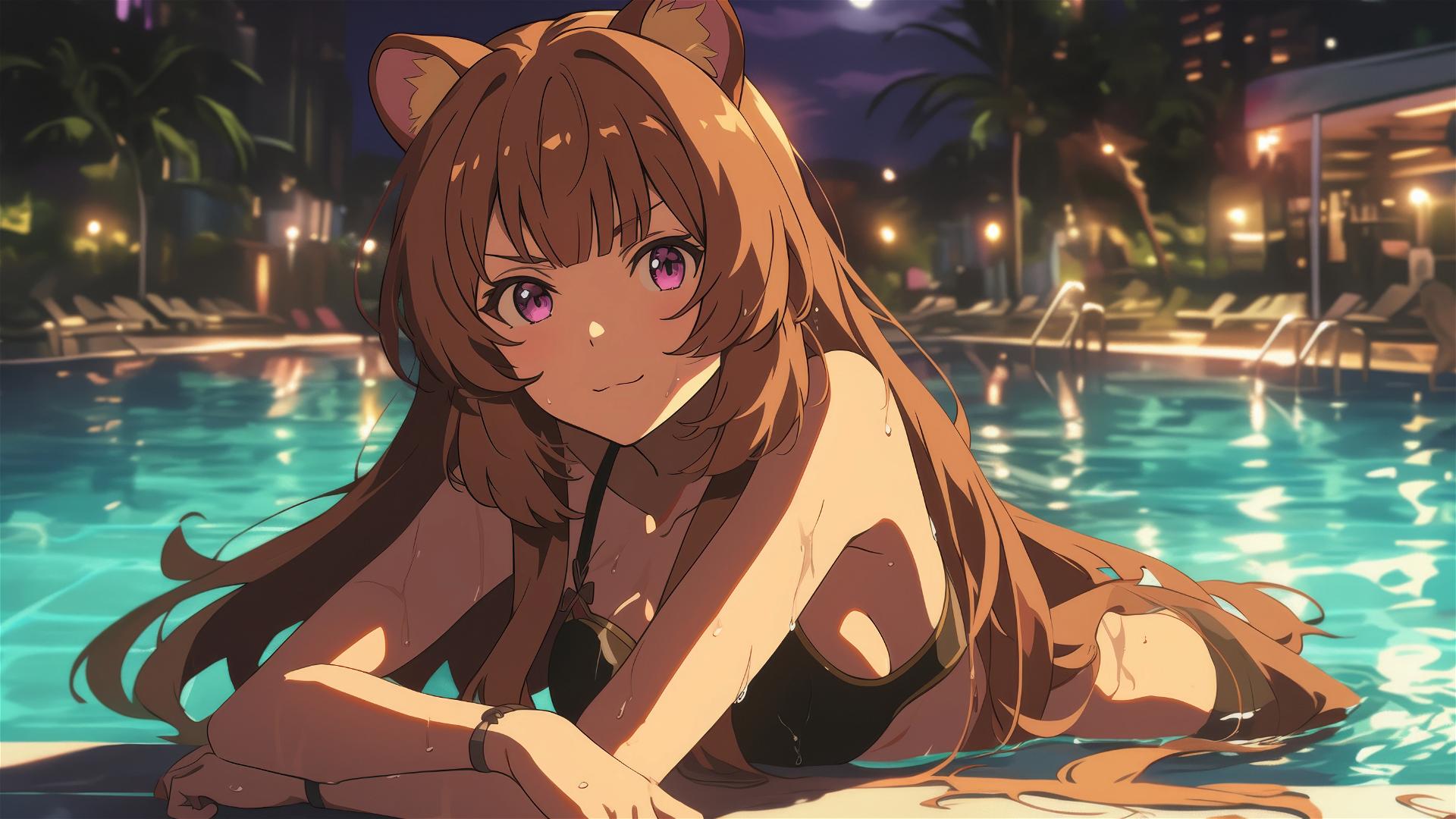 Raphtalia swimming in moonlit pool from Shield Hero