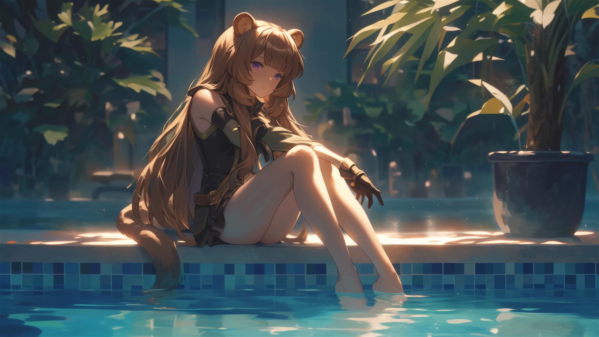 Raphtalia resting by pool under moonlight