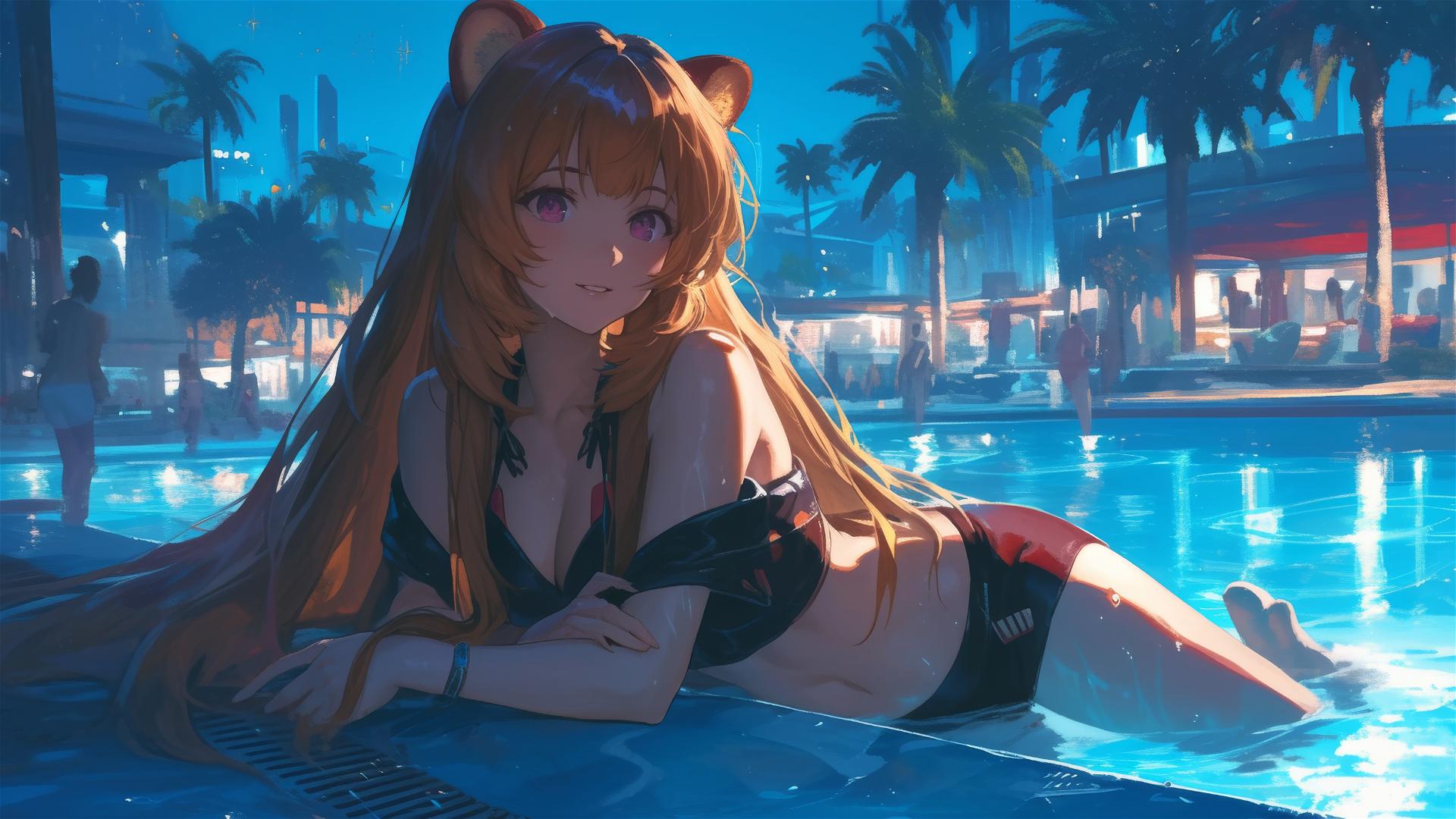 Raphtalia resting by pool under moonlight