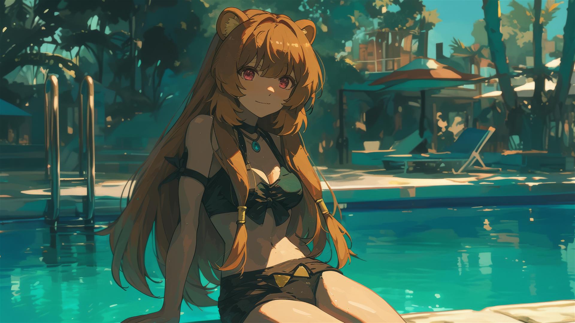 Raphtalia relaxing by poolside under moonlight