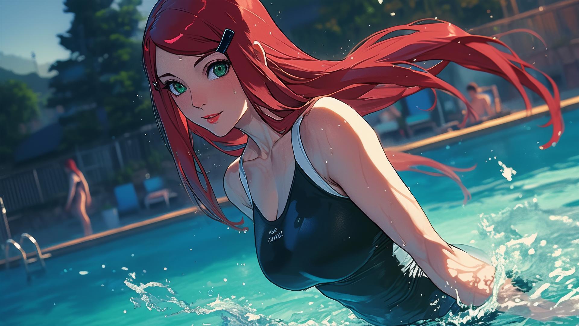 Kushina Uzumaki from Naruto Shippuden swimming in pool under moonlight
